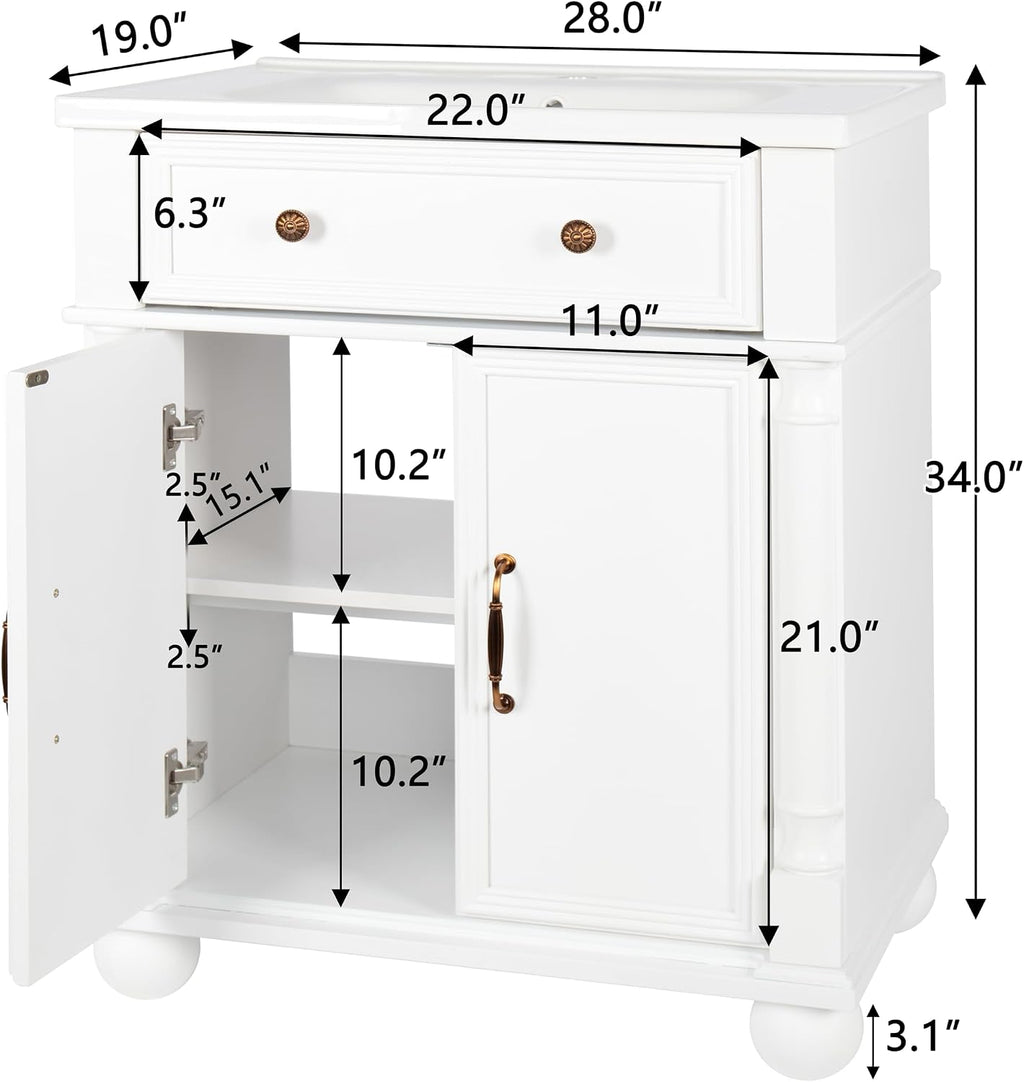 28 inch Bathroom Vanity with Sink, Modern Freestanding Bathroom Vanity Cabinet with Ceramic Sink, Flip Top Drawer, 2 Soft Closing Doors, Adjustable Shelf, Metal Handles, Round Column Base, White