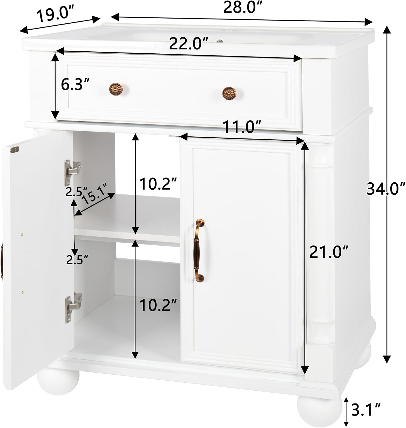 28 inch Bathroom Vanity with Sink, Modern Freestanding Bathroom Vanity Cabinet with Ceramic Sink, Flip Top Drawer, 2 Soft Closing Doors, Adjustable Shelf, Metal Handles, Round Column Base, White