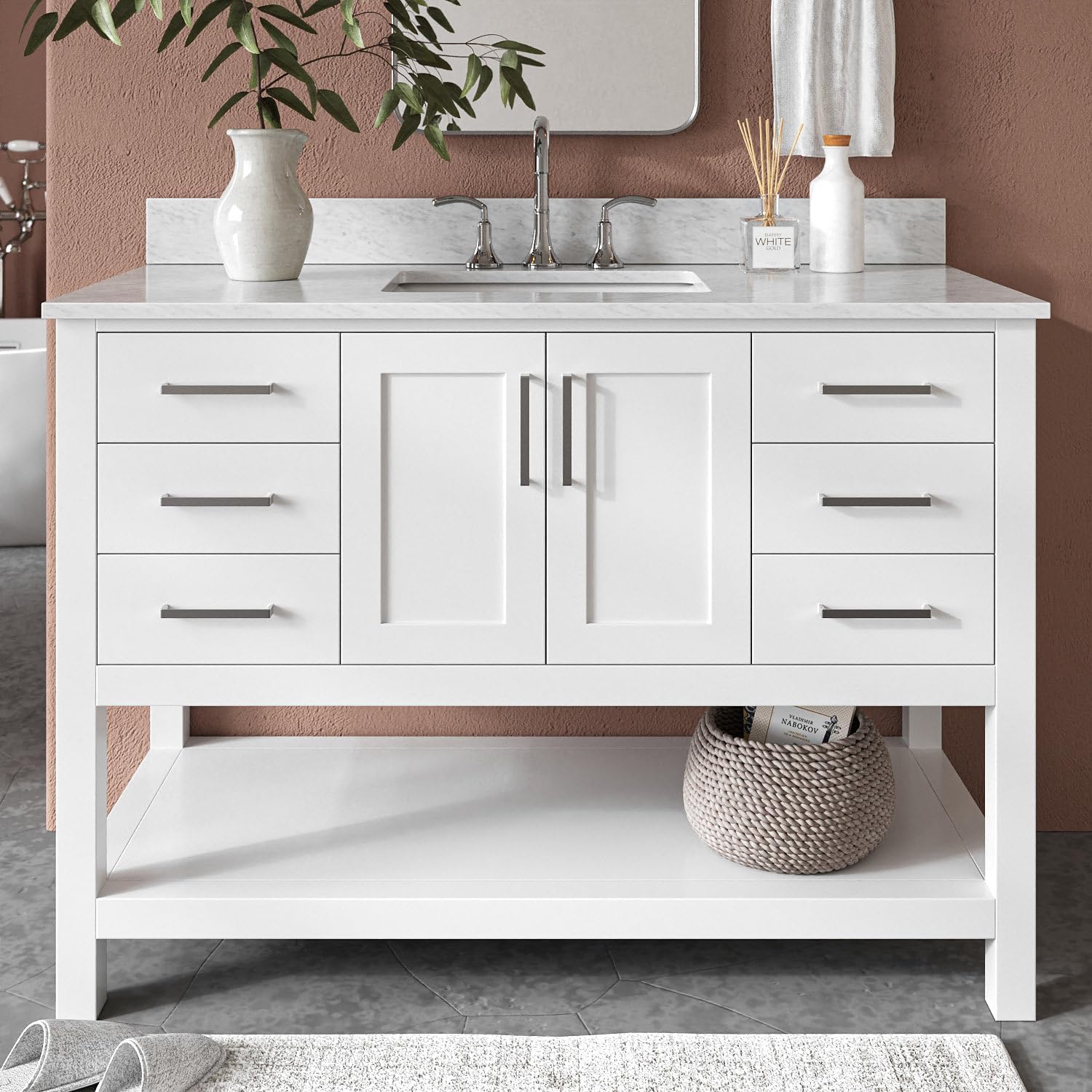 ARIEL Magnolia 48-inch Bathroom Vanity with Sink,Solid Wood, 0.75-inch Italian Carrara Marble Countertop, Single Rectangular Porcelain Sink, 2 Soft Closing Doors, 6 Dovetail Drawers, White