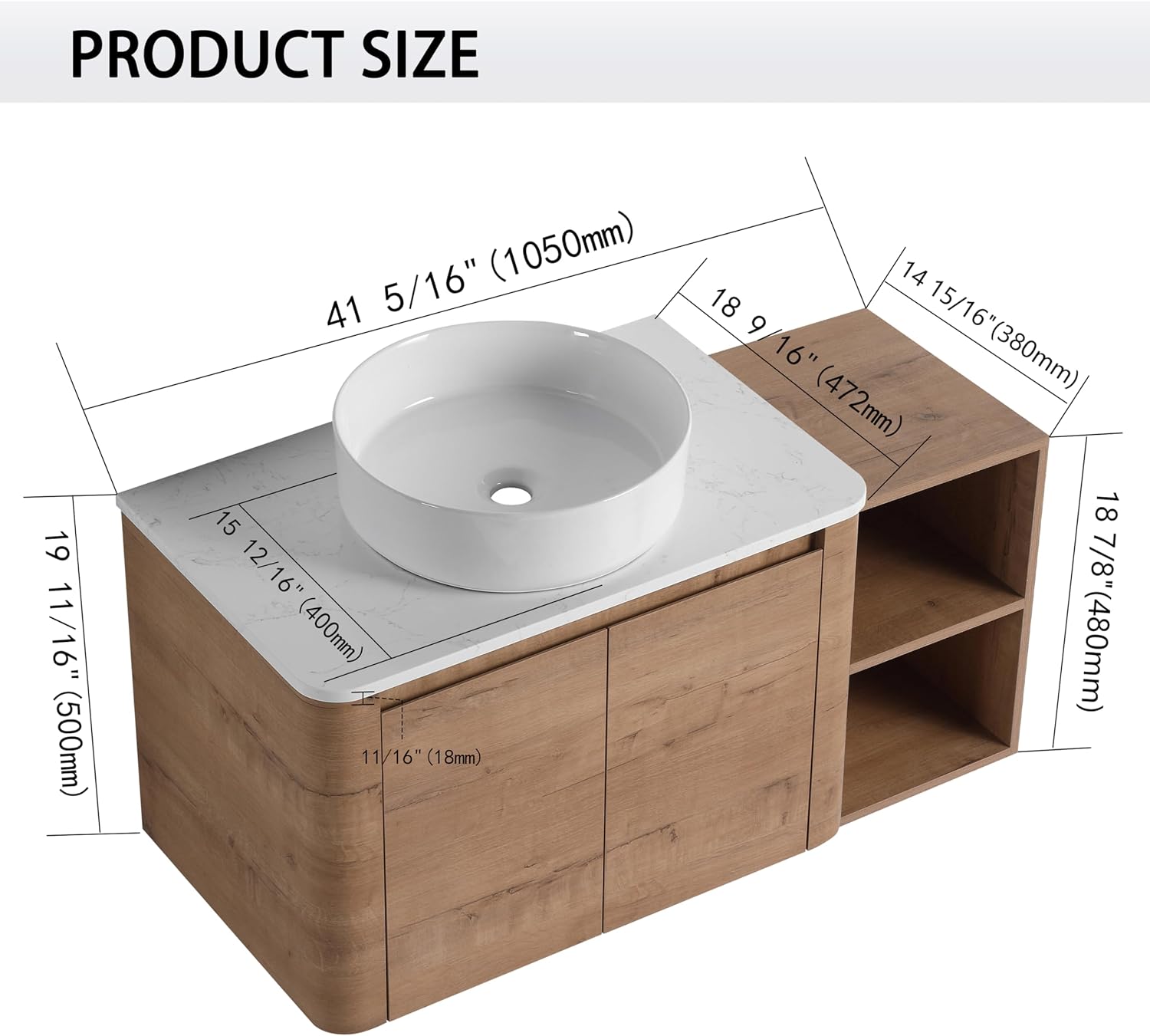 42' Bathroom Vanity with Sink, 42 Inch Floating Vanity with Ceramic Sink, Single Sink Wall Mounted Vanity Combo, Modern Brown Bathroom Vanity Set with 2 Soft Close Door and 1 Storage Shelf