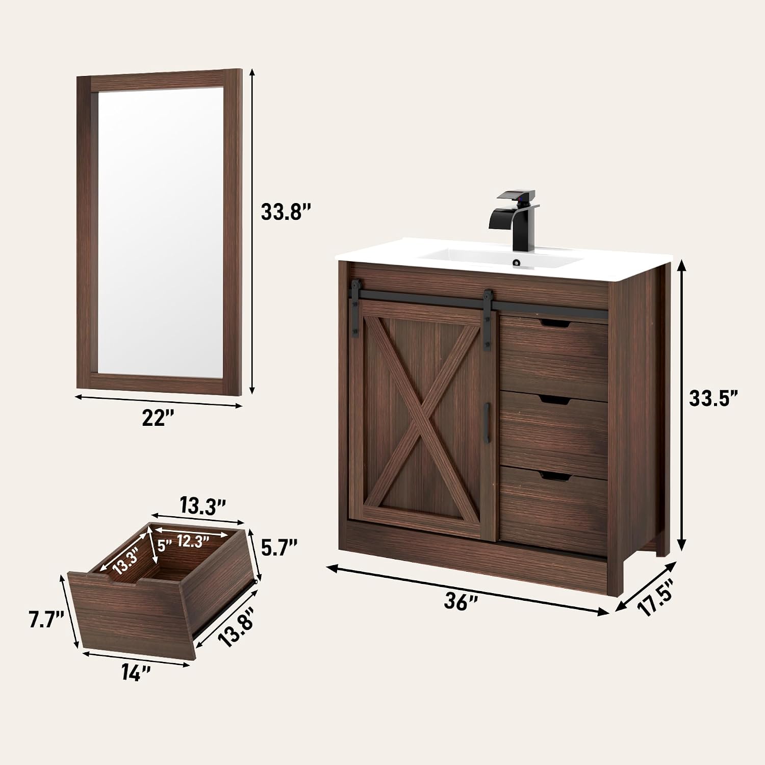 chartustriable 36 Inch Bathroom Vanity with Sink & Faucet & Mirror, Farmhouse Bathroom Vanity Cabinet Set with Sliding Barn Door & Drawers, Small Single Bath Storage Vanity Sink, Brown