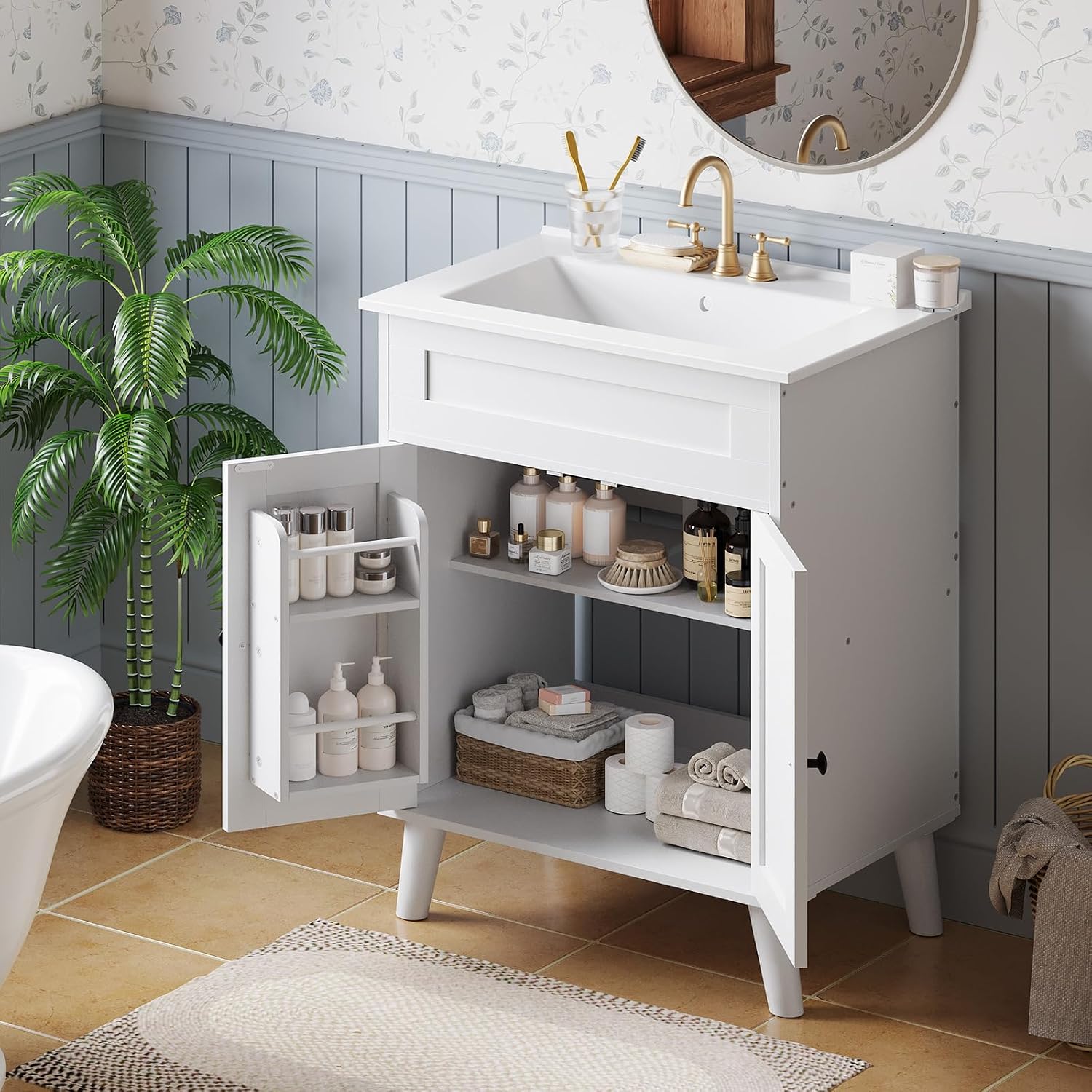 HOOBRO 24.2' Modern Bathroom Vanity with Sink, Farmhouse Bathroom Sink Cabinet with Ceramic Basin, Door Storage, 2 Doors & High-Leg Design, Easy Assembly, Drain Kit Not Included, White