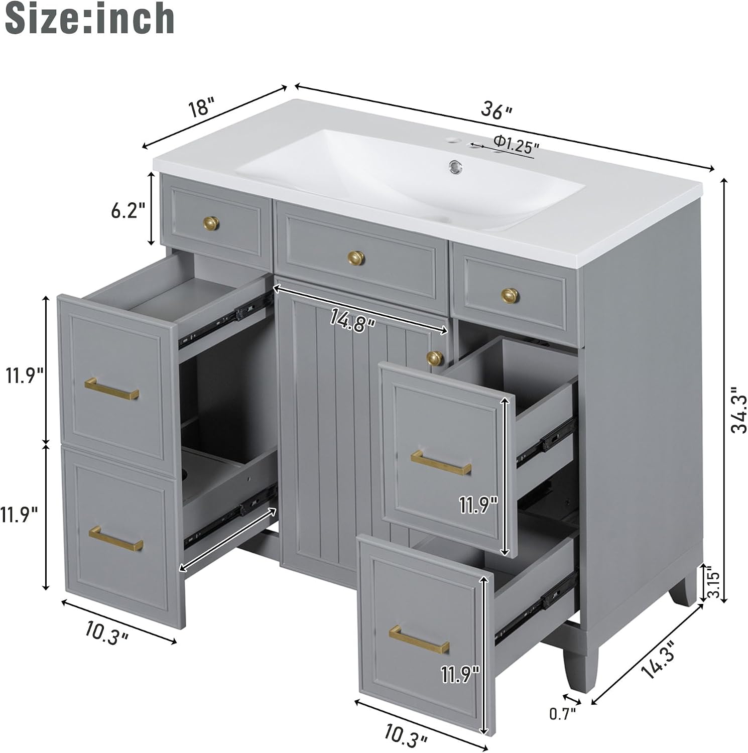 LUMISOL 36' Bathroom Vanity with Sink Top, Modern Bathroom Storage Cabinet with 3 Drawers & 2 Doors, Grey Bathroom Vanity with Undermount Sink, Solid Wood Frame