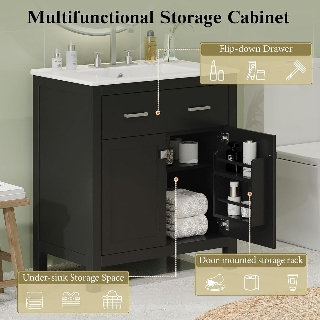 Harper & Bright Designs 60' Bathroom Vanity Set with Double Sink, Vanity Cabinet with Flip Drawer, 2 Doors, and Adjustable Shelf, Solid Wood Bathroom Cabinet with Ceramic Basin for Bathroom, Black