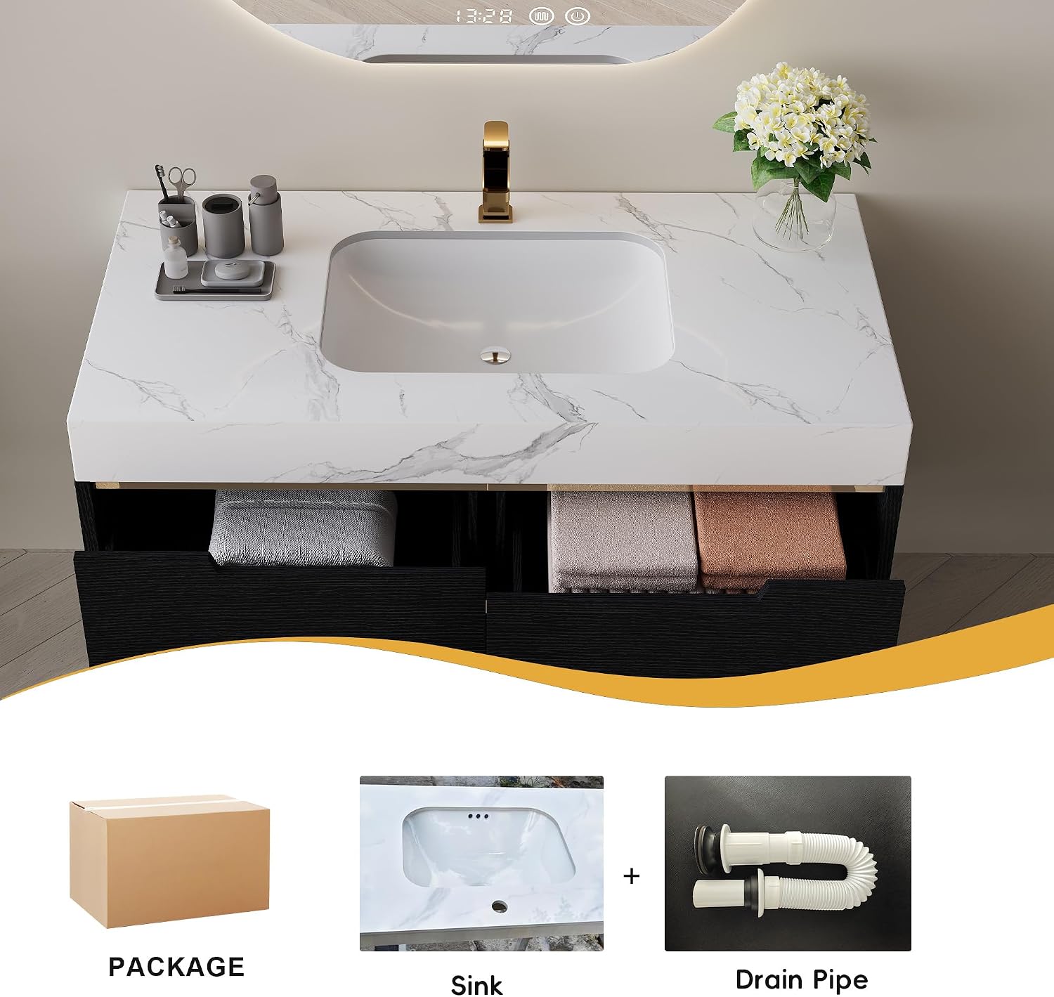 36' Bathroom Vanity with Undermount Sink Set, Modern Black 2-in-1 Wall Mounted & Freestanding Bathroom Vanity Cabinet with Sintered Stone top&4 Storage Drawers, Bathroom Single Sink Cabinet