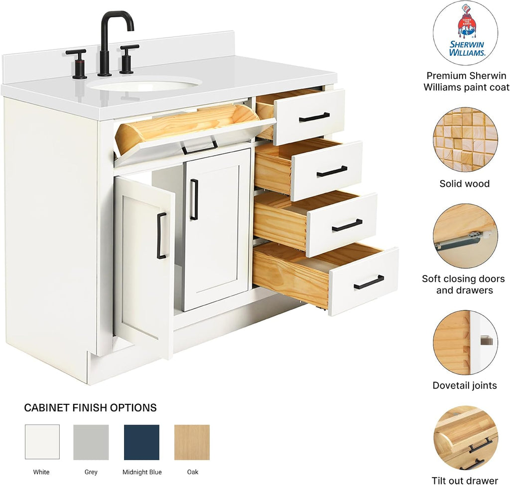 DKB Isabella 42' White Bathroom Vanity with Oval Sink, 1.5' Pure White Quartz Countertop, Solid Wood Frame, 2 Soft-Close Doors, 5 Dovetail Drawers