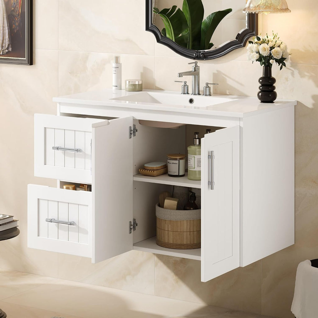 White Floating Bathroom Vanity with Sink 36 Inch,Wall Mounted Bathroom Sink Cabinet with Integrated Countertop,Adjustable Shelf & 2 Drawers,Soft Closing Doors,Solid Wood Frame