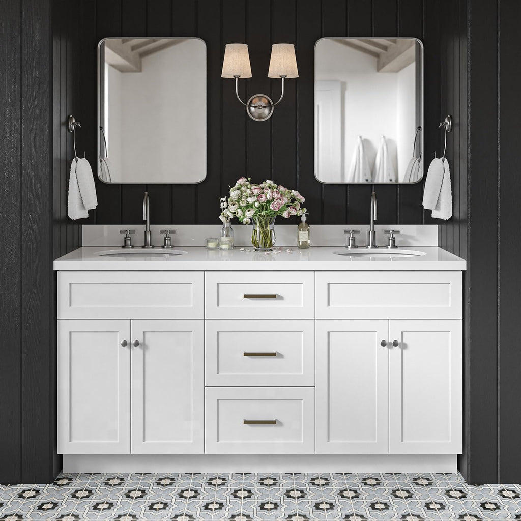 DKB Bradford 66-Inch White Double Bathroom Vanity, 1.5-Inch Pure White Quartz Countertop & Backsplash, Double Oval Undermount Sinks, 2 Soft Closing Doors, 3 Dovetail Drawers, Toe Kick, Brushed Nickel