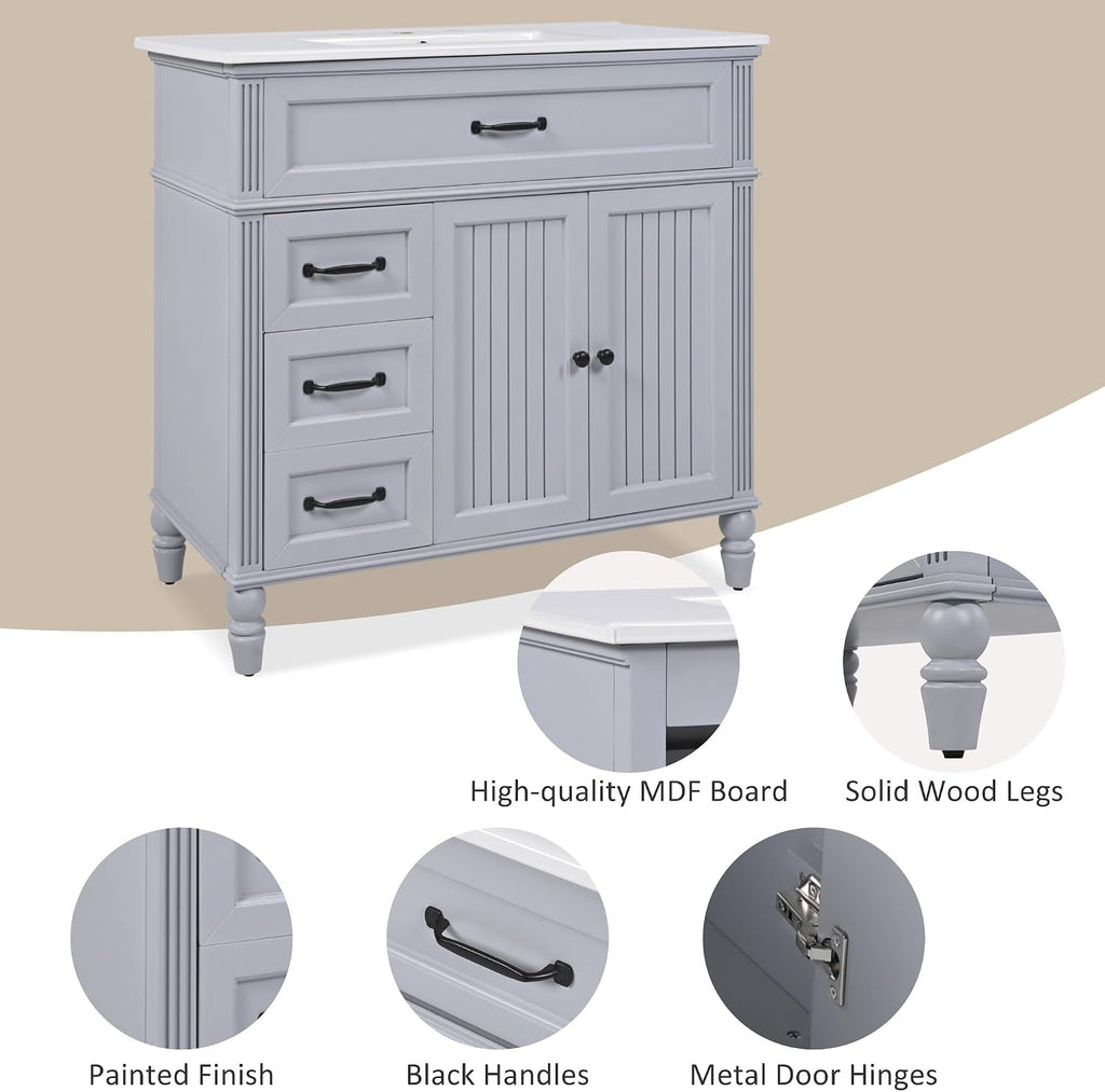 Harper & Bright Designs 36' Bathroom Vanity with Sink, Free Standing Single Basin Vanity Set with 2 Drawers & 2 Doors, Solid Wood Bathroom Cabinet with Ceramic Basin for Bathroom, Grey