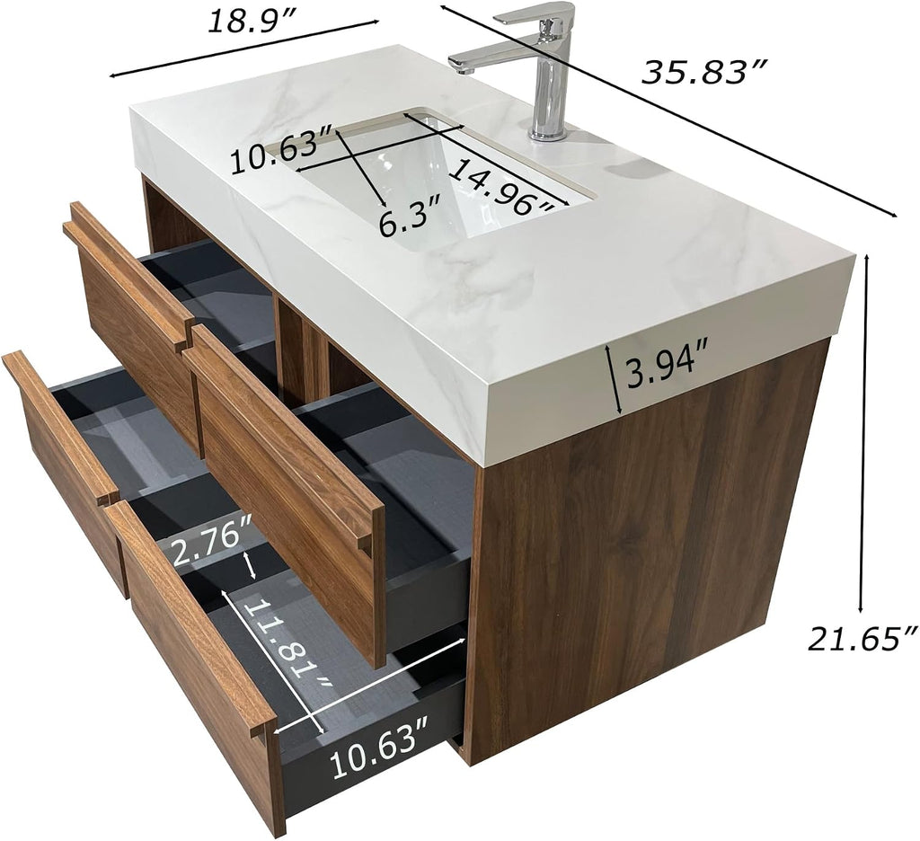 36 Inch Floating Bathroom Vanity with Sink Combo, Modern Sintered Stone Top Wood Bathroom Storage Cabinet, Ceramic Single Sink Vanity, Pre-Assembled with Drawers