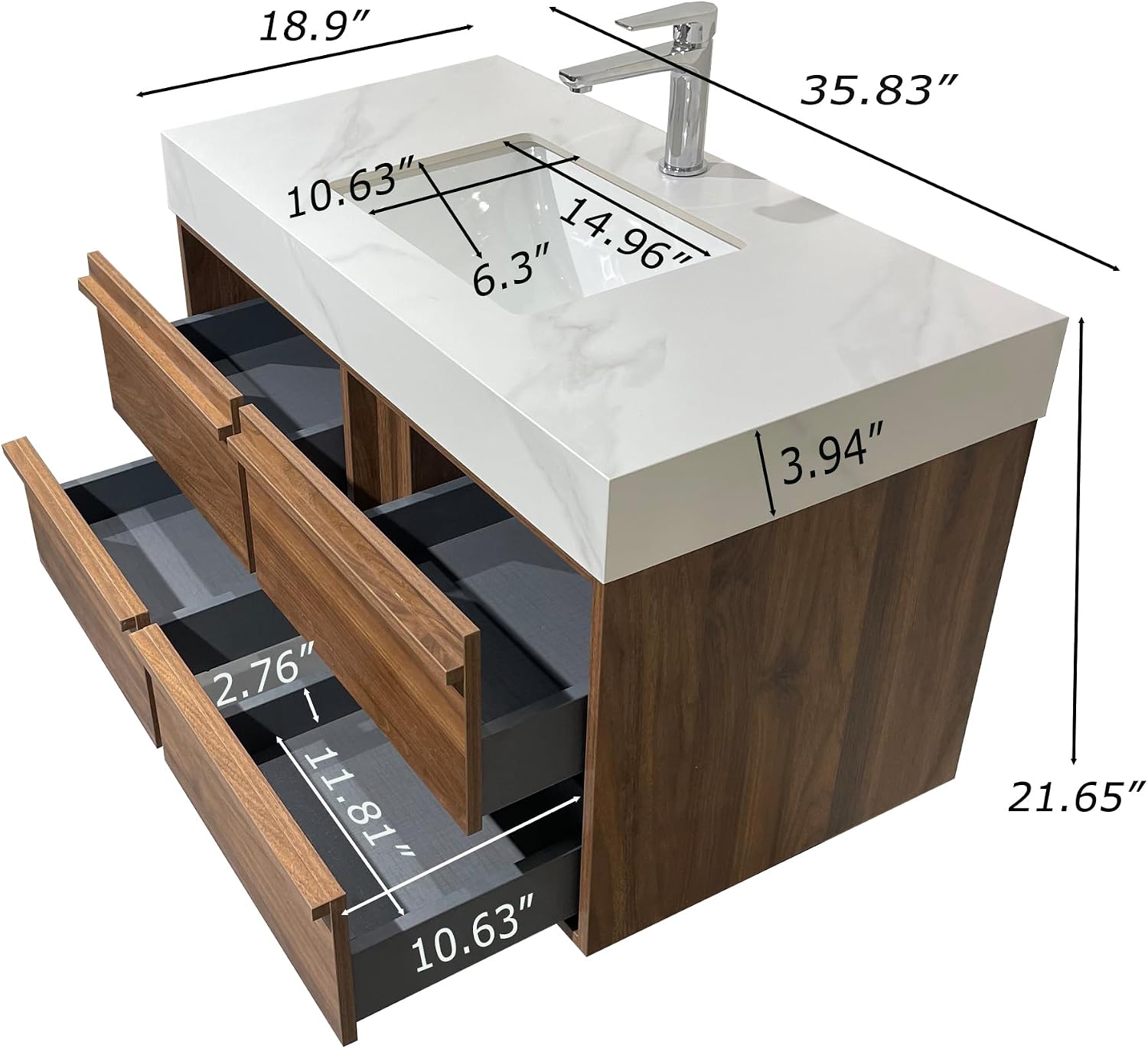 36 Inch Floating Bathroom Vanity with Sink Combo, Modern Sintered Stone Top Wood Bathroom Storage Cabinet, Ceramic Single Sink Vanity, Pre-Assembled with Drawers