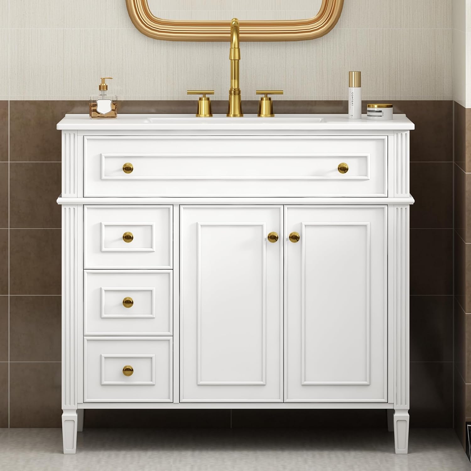 36' Bathroom Vanity Cabinet with Ceramic Countertop Sink Combo Set, Solid Wood Frame, Tilt-Out Drawers and Left Side Drawers, Soft Closing Door Hinges, Modern Style, White