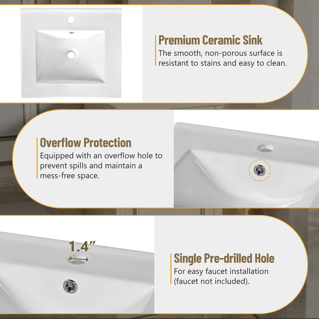 Harper & Bright Designs 20' Bathroom Vanity with Sink, Free Standing Single Basin Vanity Set with Soft Close Door & Adjustable Shelf, Solid Wood Storage Cabinet with Ceramic Basin for Bathroom, White