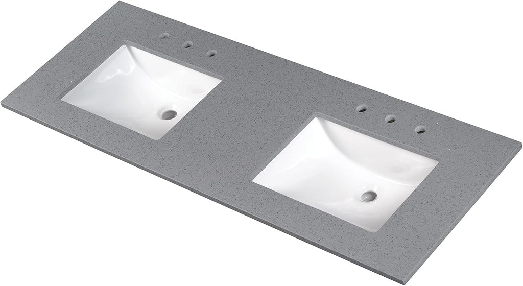 MSI Sparkling Gray Vanity Top with Under Mount Rectangle Double Bowl Ceramic Sinks, Engineered Marble Stone, 4' CC Faucet Holes, 61'X22'