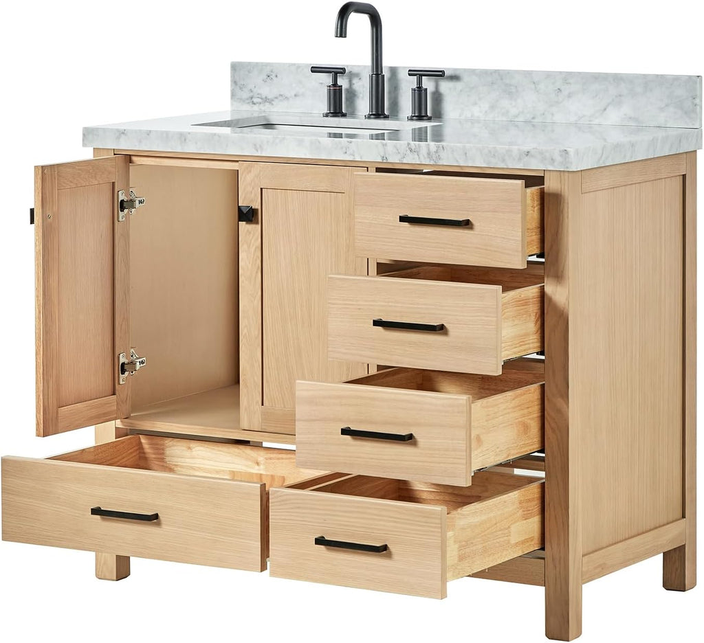 ARIEL Cambridge 42-Inch Oak Bathroom Vanity with Sink, 1.5' Italian Carrara Marble Countertop & 4' Backsplash, Soft Closing Door & Drawer, Matte Black Hardware