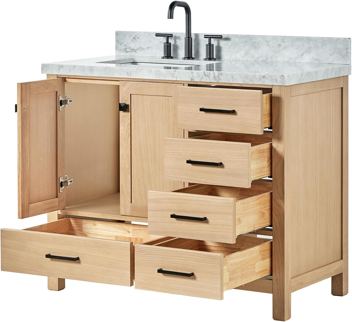ARIEL Cambridge 42-Inch Oak Bathroom Vanity with Sink, 1.5' Italian Carrara Marble Countertop & 4' Backsplash, Soft Closing Door & Drawer, Matte Black Hardware