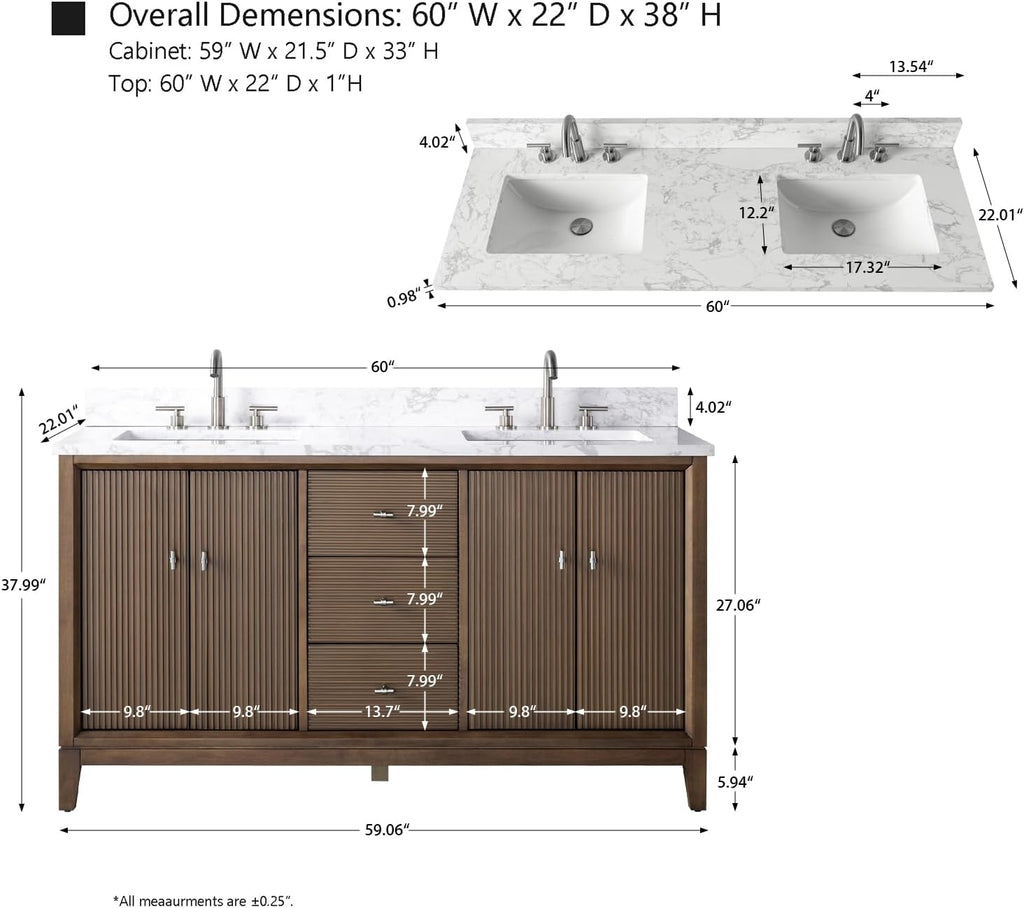 HOMEBEYOND 60' Bathroom Vanity with Double Sink & Engineered Marble Top, Solid Wood Frame, Linear Pattern & Soft Close Door | Golden Brushed Handware, Walnut
