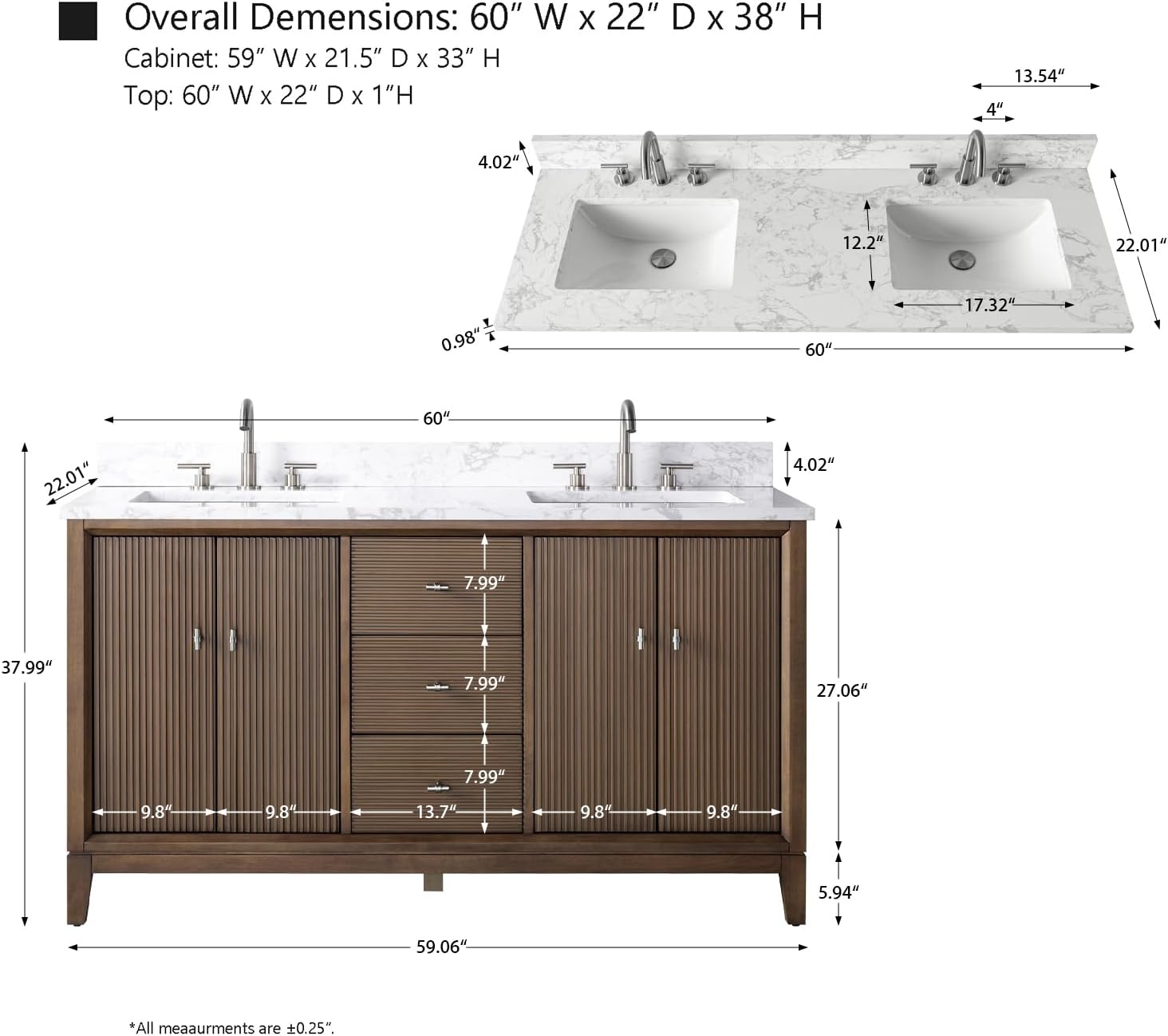 HOMEBEYOND 60' Bathroom Vanity with Double Sink & Engineered Marble Top, Solid Wood Frame, Linear Pattern & Soft Close Door | Golden Brushed Handware, Walnut