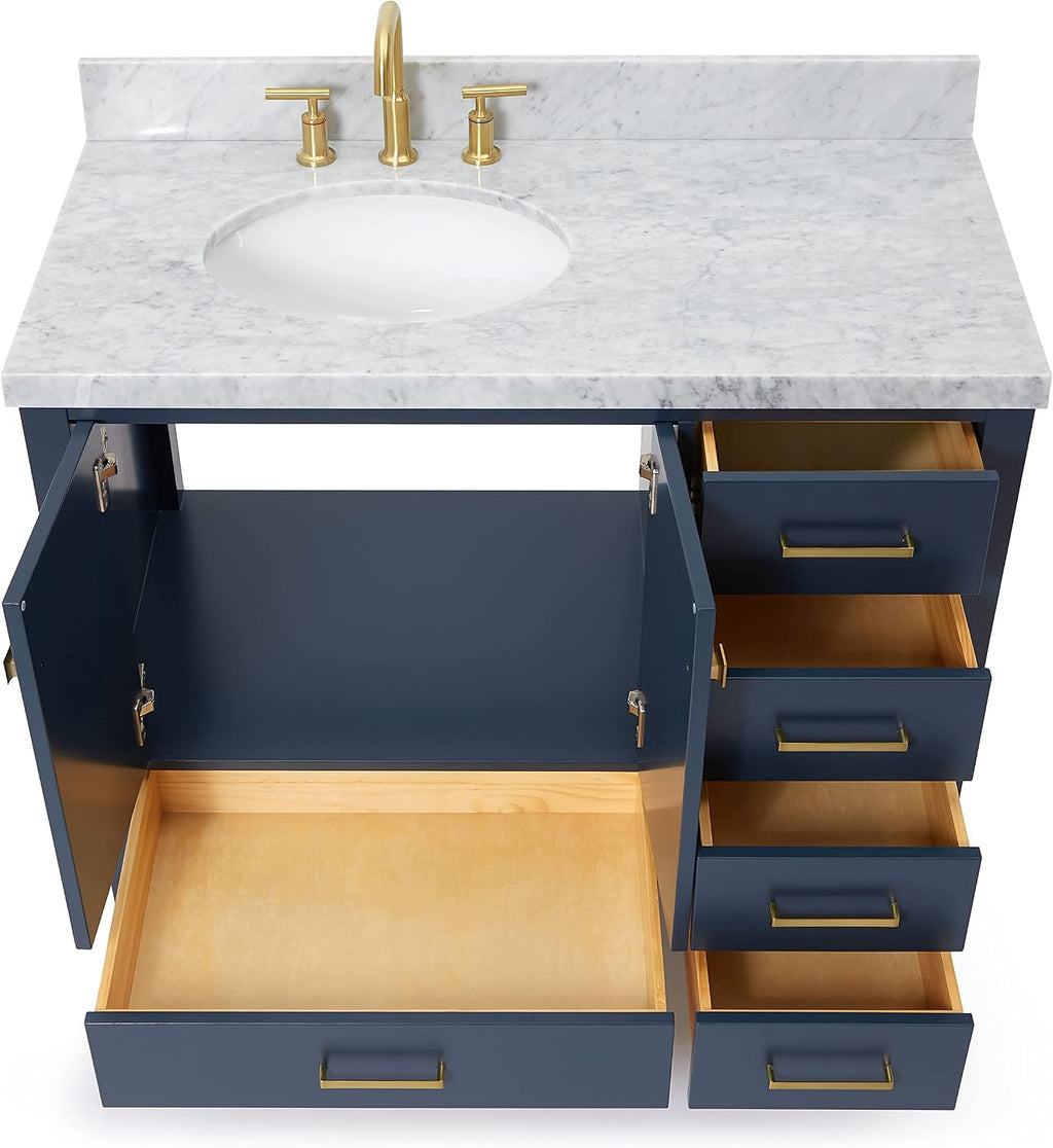 ARIEL Cambridge 42-inch Bathroom Vanity with Sink,Solid Wood, 1.5-inch Italian Carrara Marble Countertop, Single Oval Porcelain Sink, 2 Soft Closing Doors, 5 Dovetail Drawers, Midnight Blue