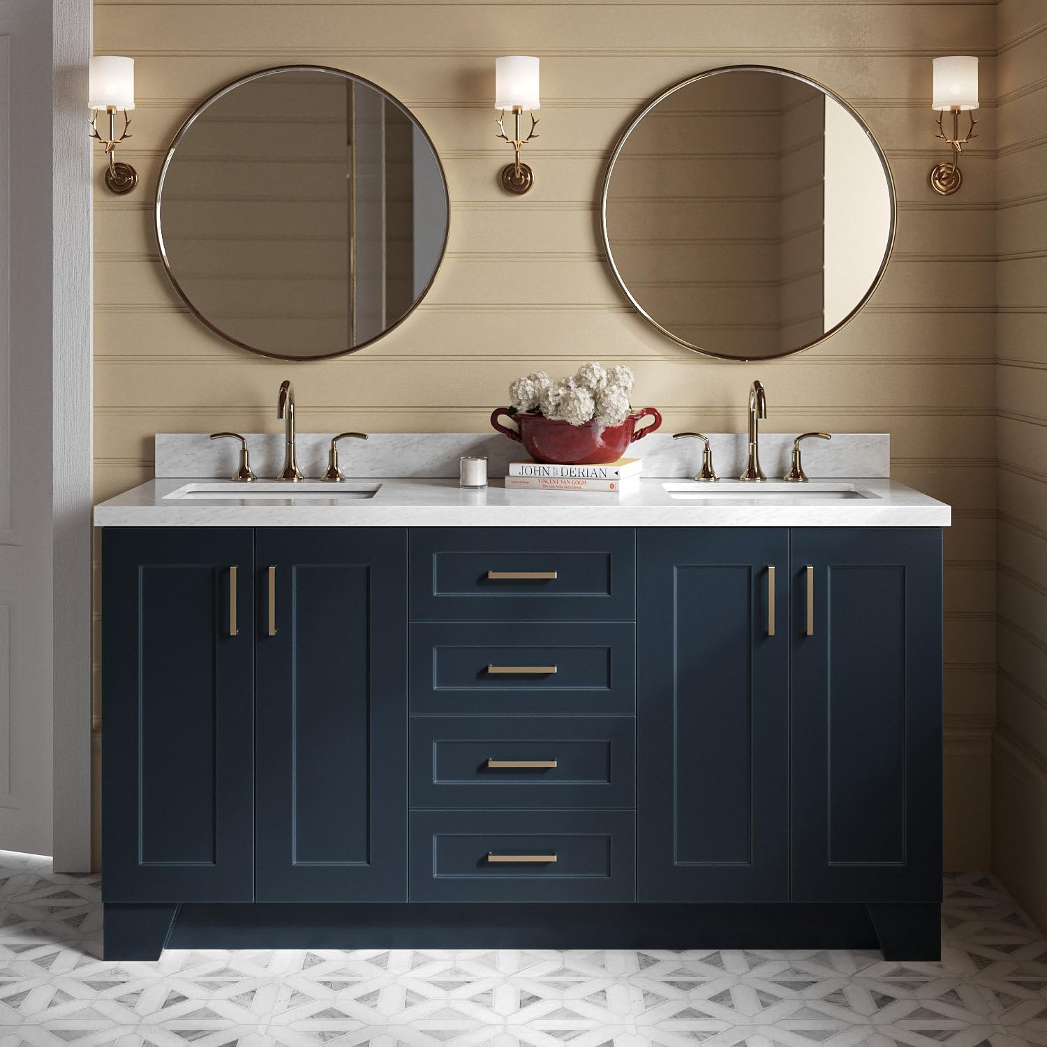 ARIEL Taylor 66-inch Bathroom Vanity with Sink,Solid Wood, 1.5-inch Italian Carrara Marble Countertop, Double Rectangular Porcelain Sink, 4 Soft Closing Doors, 5 Dovetail Drawers, Midnight Blue