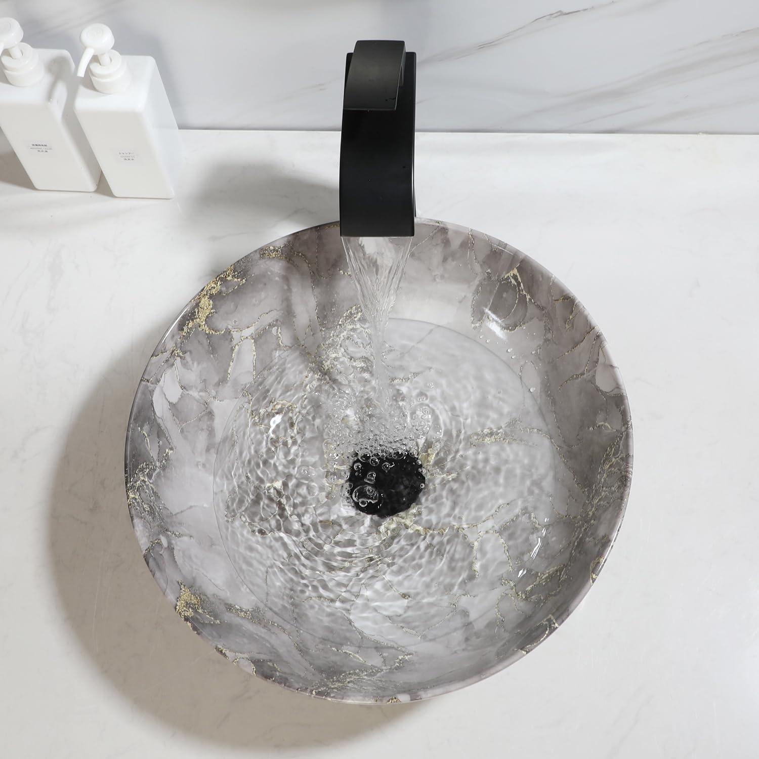 Marbling Small Vessel Sink With Black Faucet And Drain Combo Round Ceramic Basin Bowls Above Counter Bowl Sinks for Bathrooms Countertop Bathroom Sinks Gray With Gold
