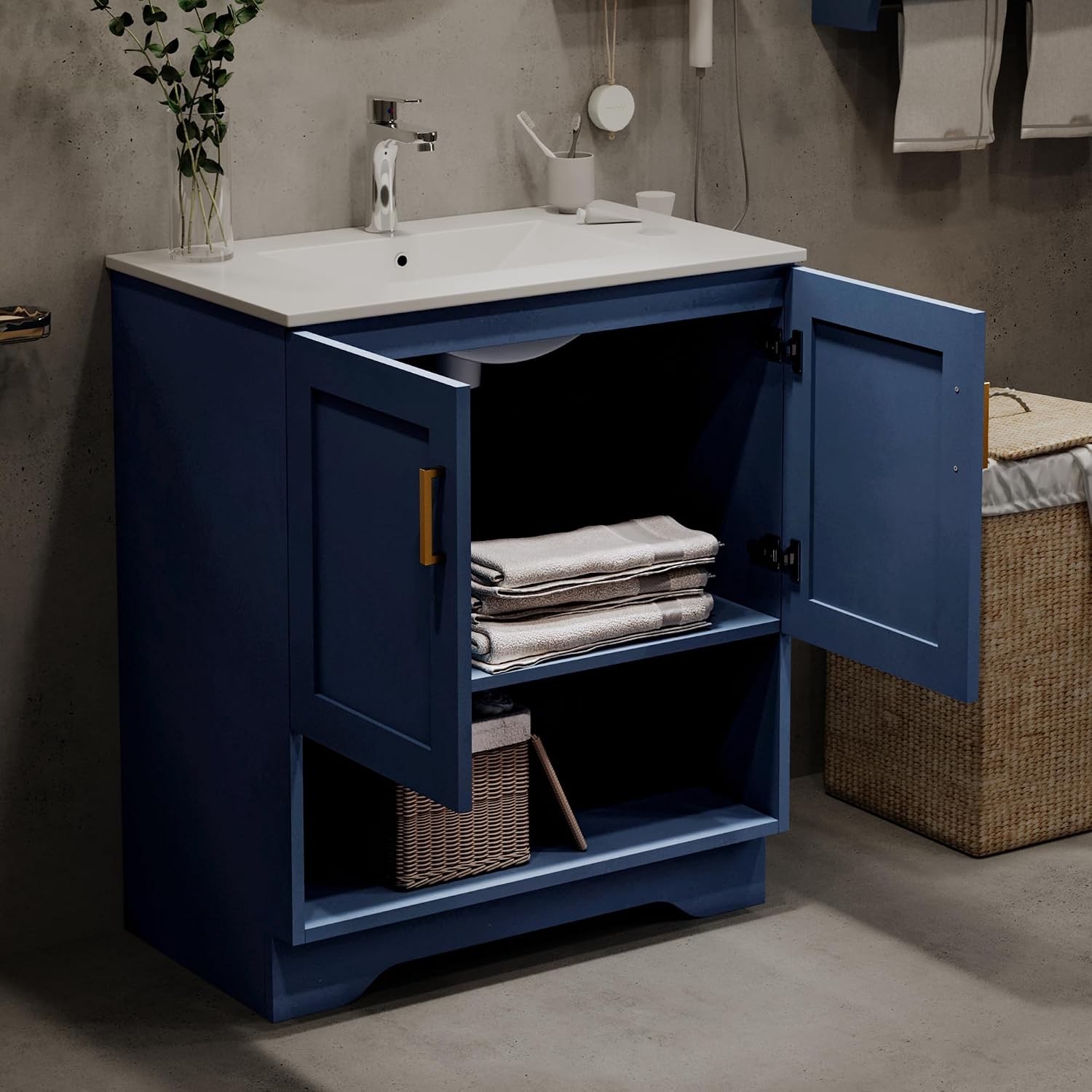 30 Inch Modern Bathroom Vanity with Ceramic Sink - Freestanding Cabinet 2 Soft-Close Doors & 1 Open Shelf, White Space-Saving Design for Powder Rooms (Blue)
