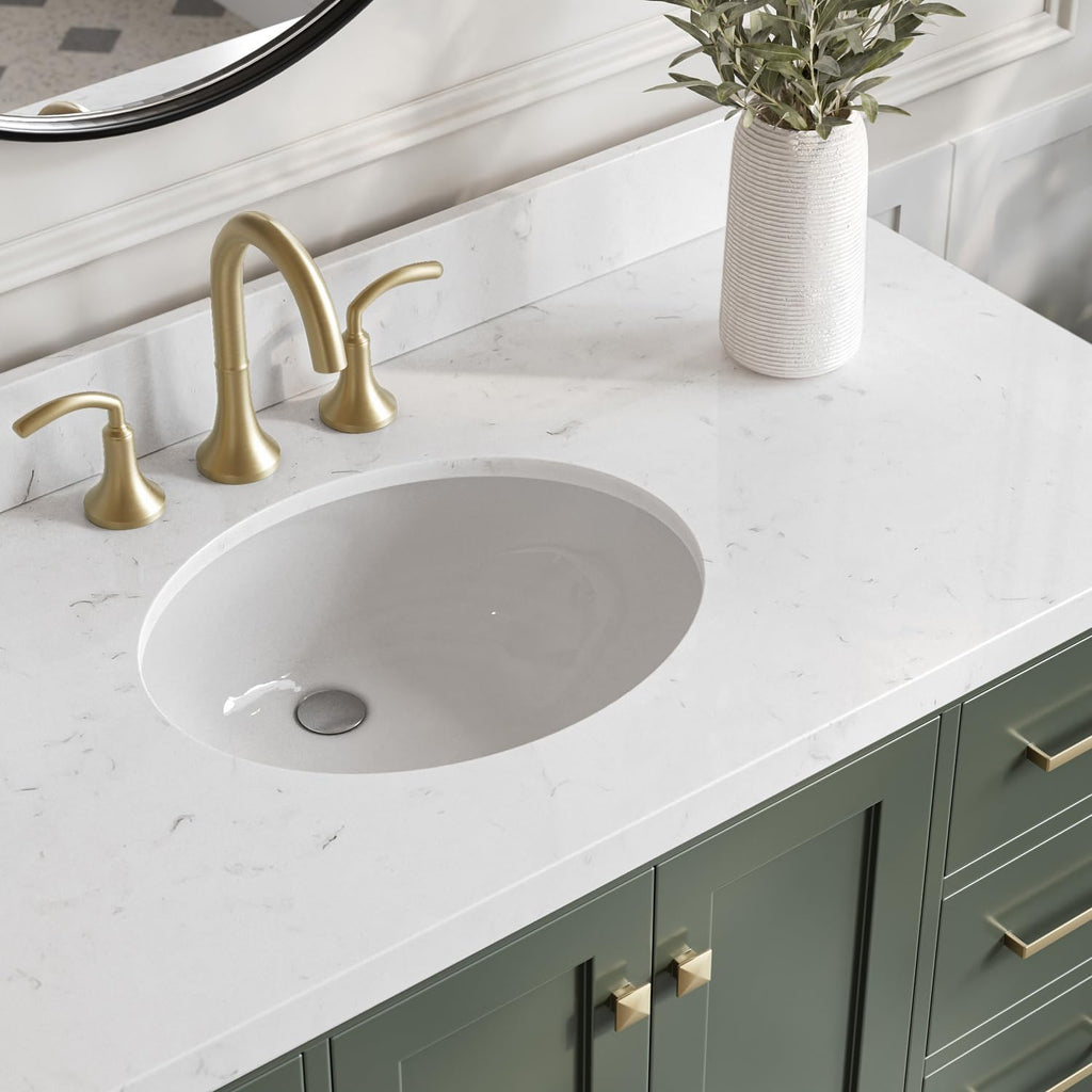 ARIEL Cambridge 48-inch Bathroom Vanity with Sink,Solid Wood, 1.5-inch Carrara White Quartz Countertop, Single Oval Porcelain Sink, 2 Soft Closing Doors, 9 Dovetail Drawers, Vintage Green