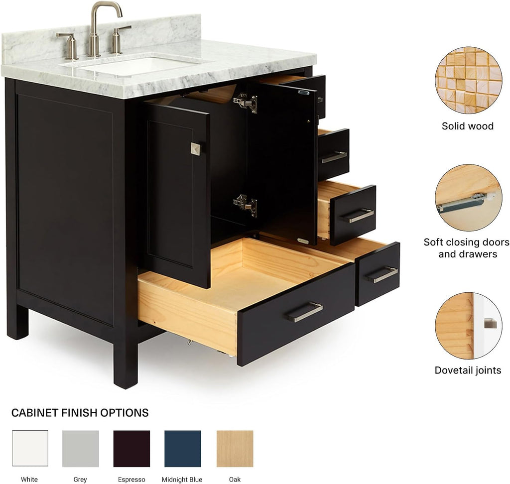 ARIEL Cambridge 36-inch Bathroom Vanity with Sink,Solid Wood, 1.5-inch Italian Carrara Marble Countertop, Single Rectangular Porcelain Sink, 2 Soft Closing Doors, 5 Dovetail Drawers, Espresso