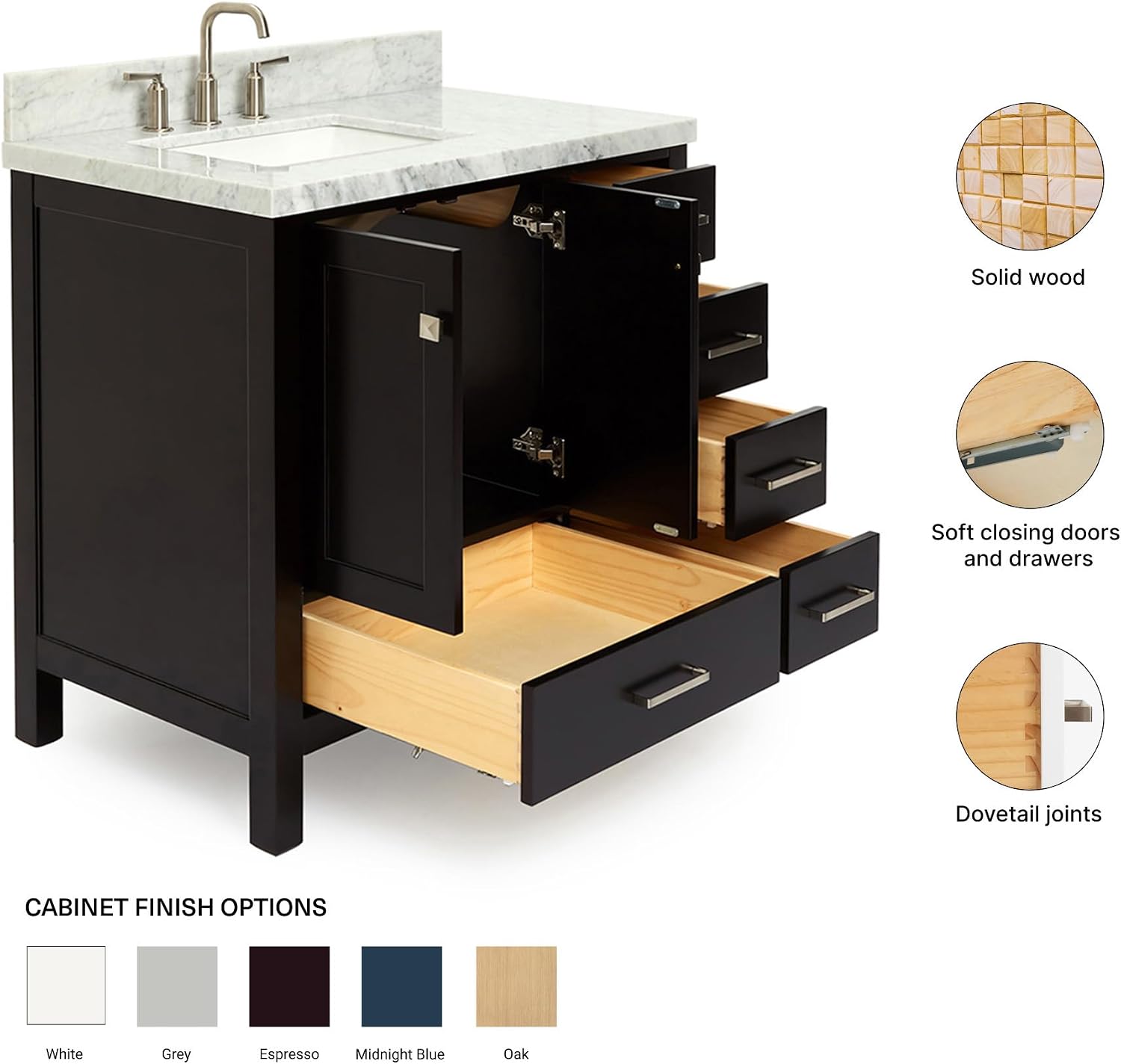 ARIEL Cambridge 36-inch Bathroom Vanity with Sink,Solid Wood, 1.5-inch Italian Carrara Marble Countertop, Single Rectangular Porcelain Sink, 2 Soft Closing Doors, 5 Dovetail Drawers, Espresso