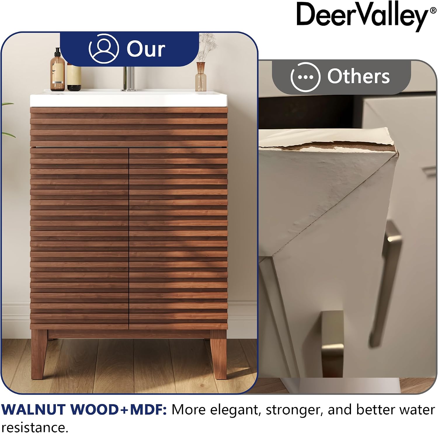 DeerValley 24' Bathroom Vanity with Ceramic Sink Top, Multifunctional Storage Space Vanity, Soft Closing Doors, Pre-Assembled Mid-Century Wood Bathroom Cabinet Sink Combo in Walnut White
