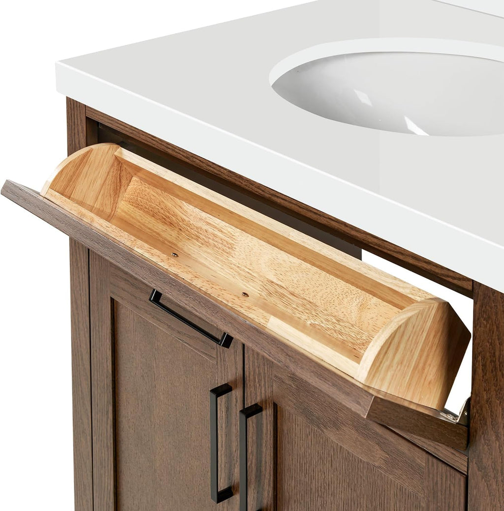 ARIEL Hepburn 30-inch Bathroom Vanity with Sink,Solid Wood, 1.5-inch Pure White Quartz Countertop & Backsplash, Single Oval Porcelain Sink, 2 Soft Closing Doors, 1 Dovetail Drawers, Brown Oak