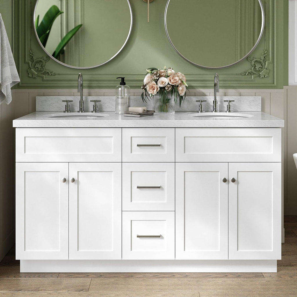 ARIEL Hamlet 60-inch Bathroom Vanity with Sink,Solid Wood, 1.5-inch Italian Carrara Marble Countertop & Backsplash, Double Oval Porcelain Sink, 4 Soft Closing Doors, 3 Dovetail Drawers, White