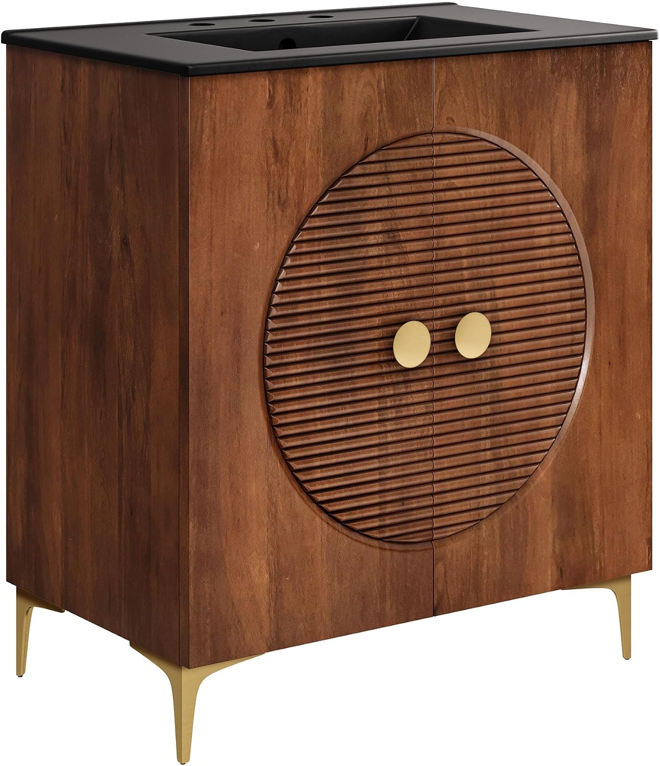 Modway Vernon 30' Fluted Wood Bathroom Vanity in Walnut Black with Ceramic Sink – Mid-Century Modern Freestanding Vanity with Integrated Sink and Countertop