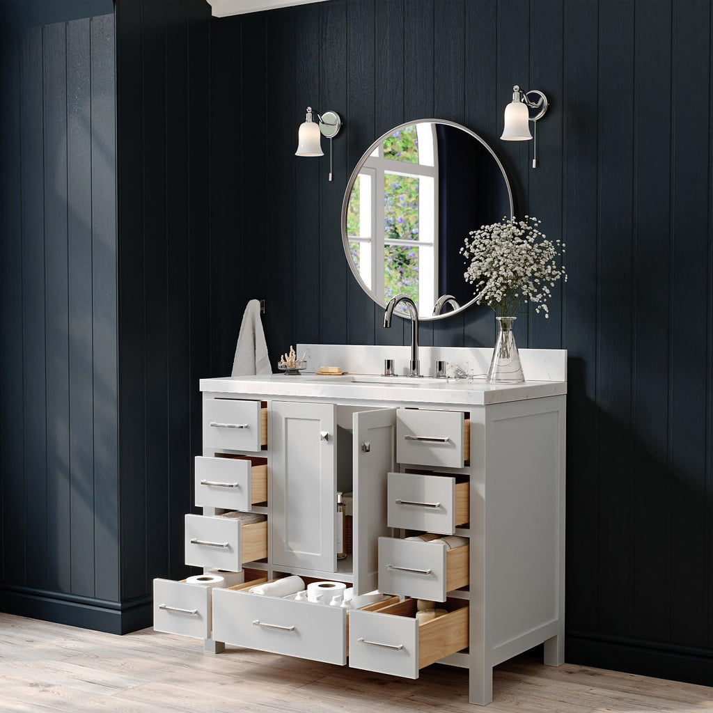 ARIEL Cambridge 42-inch Bathroom Vanity with Sink,Solid Wood, 1.5-inch Carrara White Quartz Countertop, Single Rectangular Porcelain Sink, 2 Soft Closing Doors, 9 Dovetail Drawers, Grey