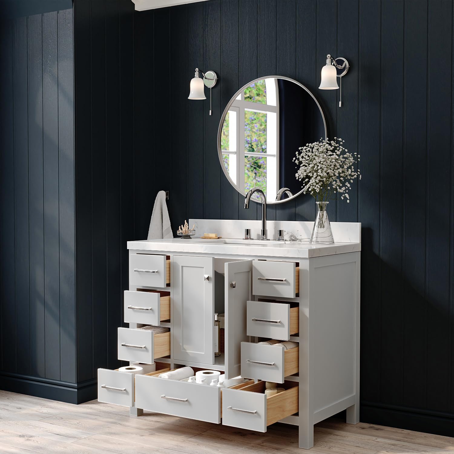 ARIEL Cambridge 42-inch Bathroom Vanity with Sink,Solid Wood, 1.5-inch Carrara White Quartz Countertop, Single Rectangular Porcelain Sink, 2 Soft Closing Doors, 9 Dovetail Drawers, Grey
