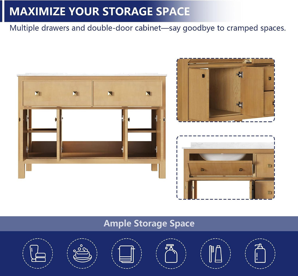 DeerValley 48' Bathroom Vanity, Pre-Assembled Vanity for Bathroom with Soft Closing and Splash Guard, Pre-drilled 3 Holes, Large Storage Space Cabinet, Natural Wood Color