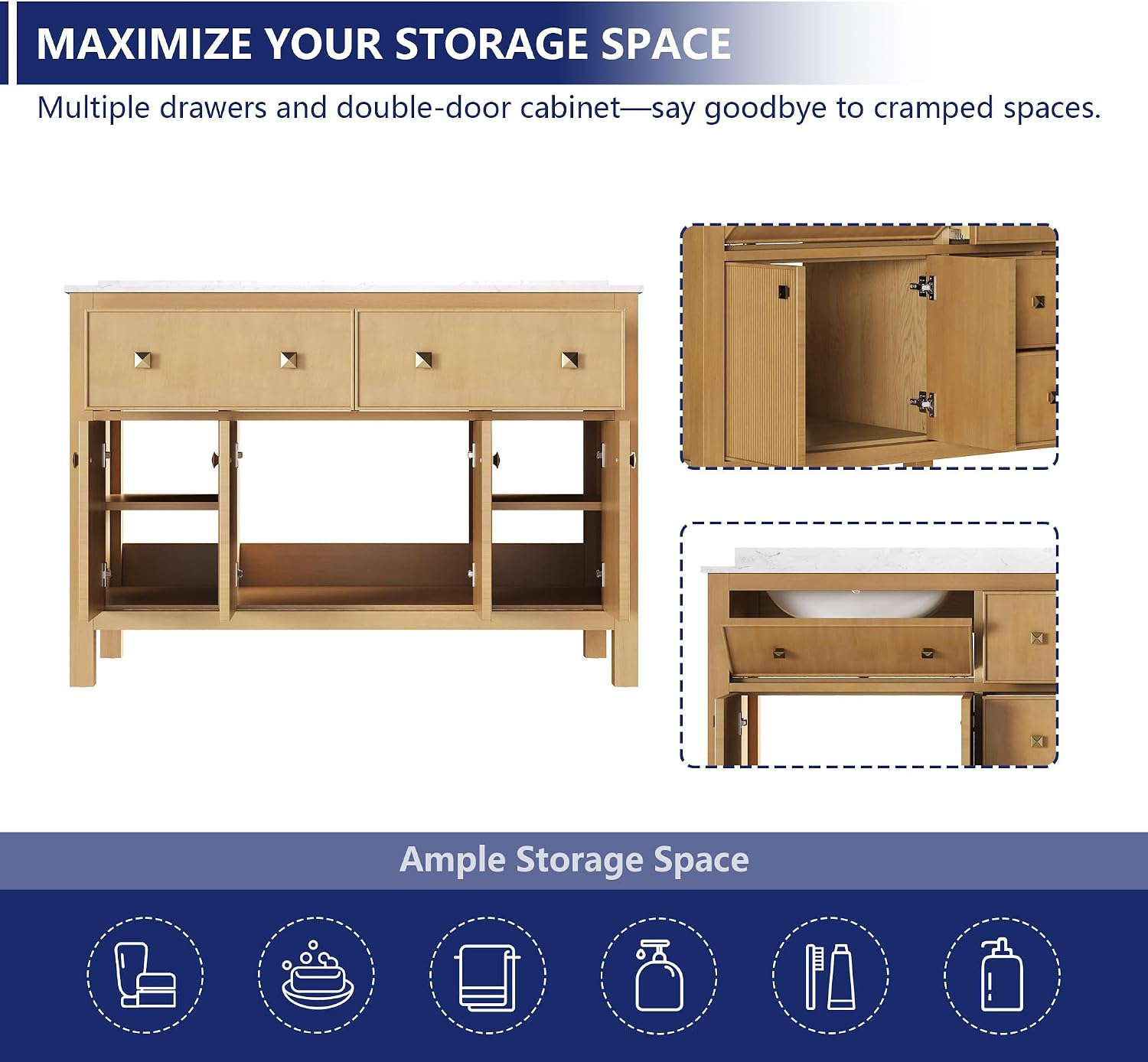 DeerValley 48' Bathroom Vanity, Pre-Assembled Vanity for Bathroom with Soft Closing and Splash Guard, Pre-drilled 3 Holes, Large Storage Space Cabinet, Natural Wood Color