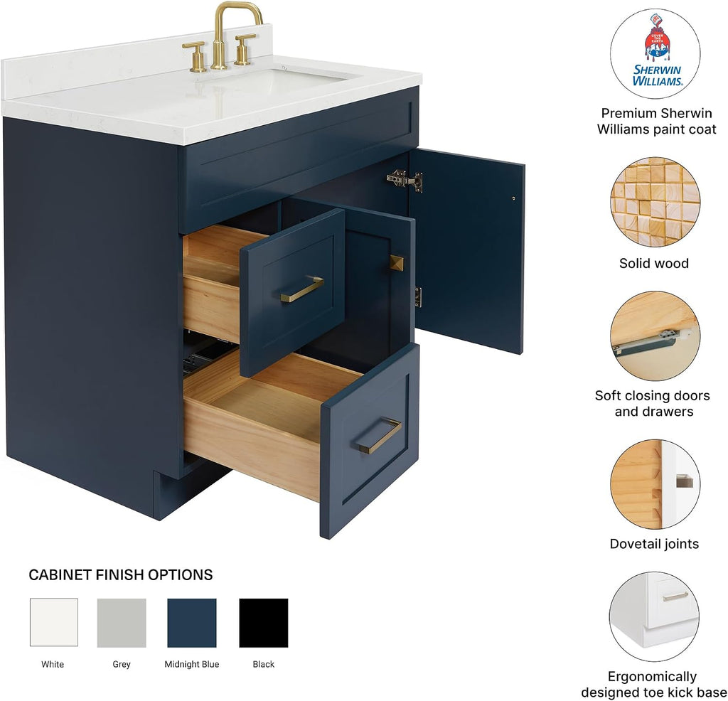 DKB Bradford 42-Inch Midnight Blue Single Bathroom Vanity with Right Rectangular Sink, 1.5' Carrara Quartz Countertop, Solid Wood Frame, Soft Closing Doors & Drawers, Toe Kick, Brushed Nickel