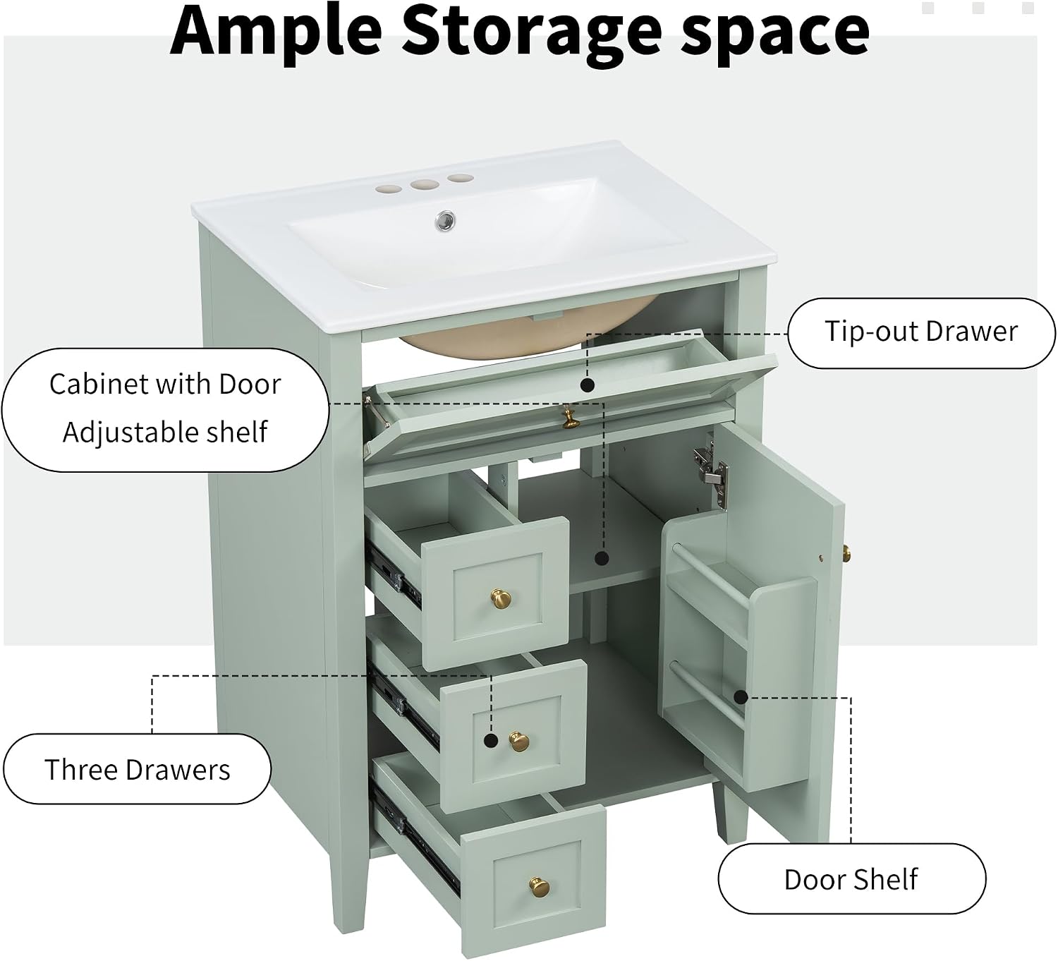 Harper & Bright Designs 24' Bathroom Vanity with Sink, Free Standing Vanity Set with 4 Drawers, Storage Racks, and Adjustable Shelf, Wood Bathroom Cabinet with Ceramic Basin for Bathroom, Green
