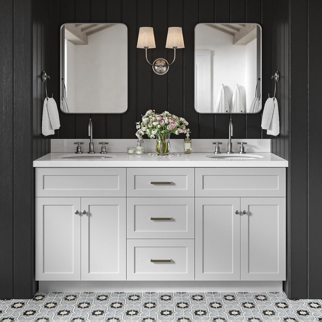 DKB Bradford 66' Grey Double Bathroom Vanity with Sink, Pure White 1.5' Quartz Countertop, Double Oval Sinks, 2 Soft Closing Doors, 3 Full Extension Dovetail Drawers