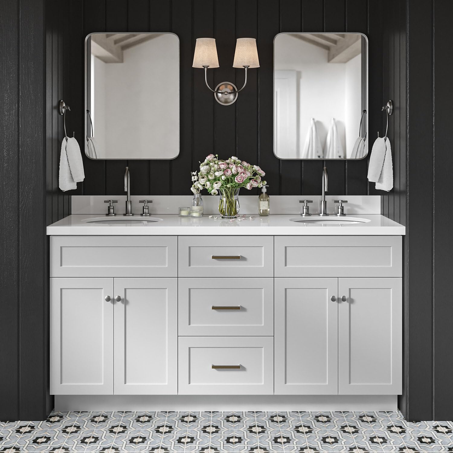 DKB Bradford 66' Grey Double Bathroom Vanity with Sink, Pure White 1.5' Quartz Countertop, Double Oval Sinks, 2 Soft Closing Doors, 3 Full Extension Dovetail Drawers