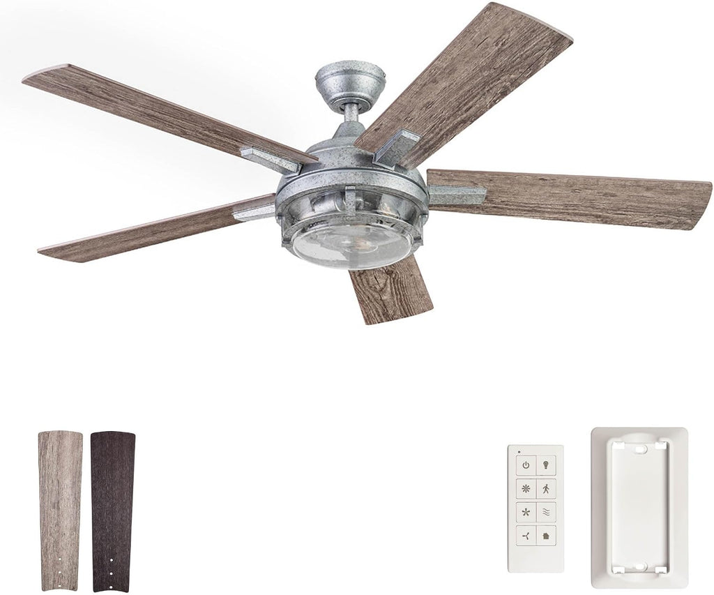 Prominence Home Freyr, 52 Inch Indoor Outdoor LED Ceiling Fan with Light, Remote Control, Dual Mounting Options, 5 Dual Finish Blades, Reversible Motor -51484-01 (Painted Galvanized)