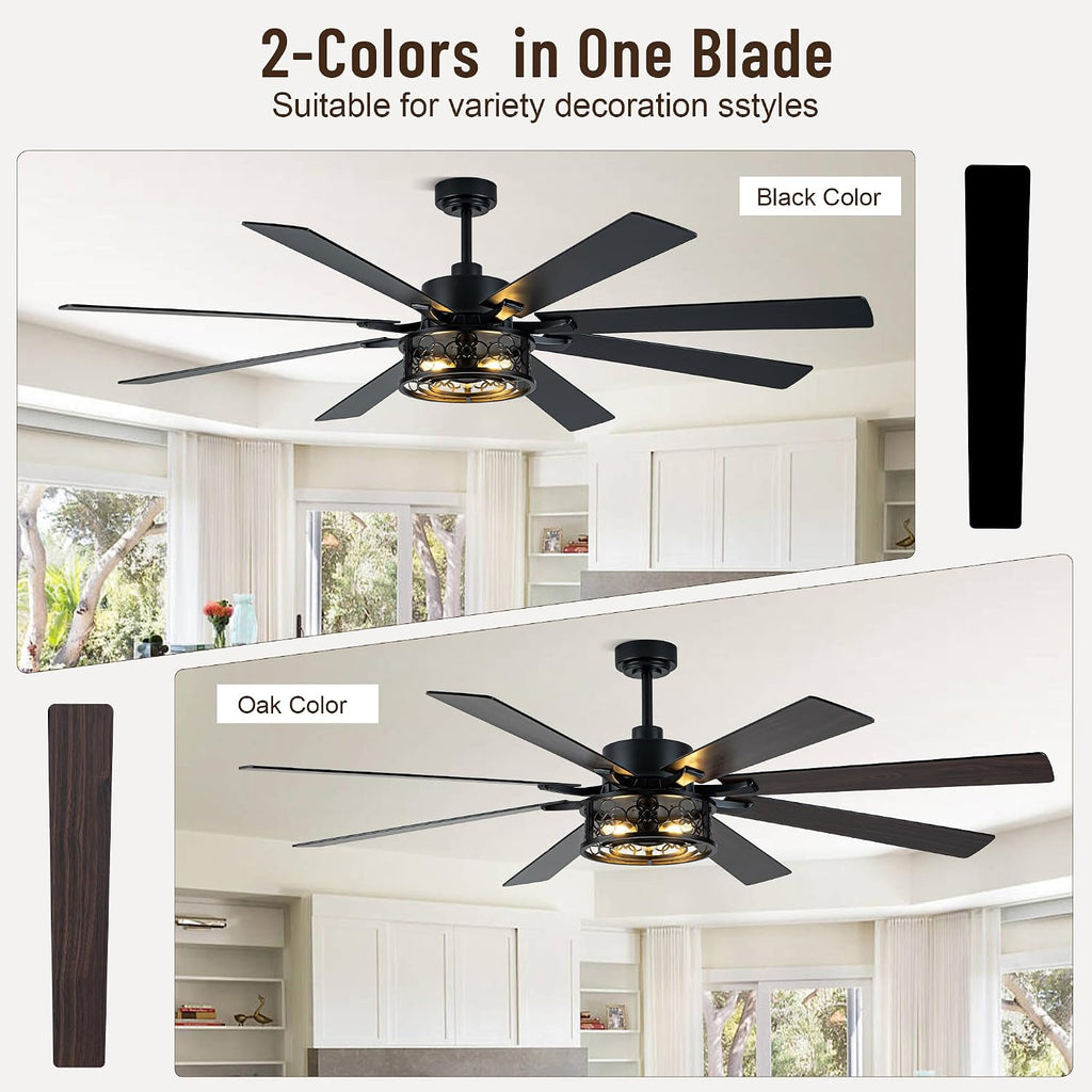 72 Inch Ceiling Fans with Lights, 6 Speed Reversible Quiet DC Motor 8 Dual Finish Wood Blades,Black Caged Rustic Large Industrial Ceiling Fans for Living Room Bedroom Patio,Indoor and Outdoor