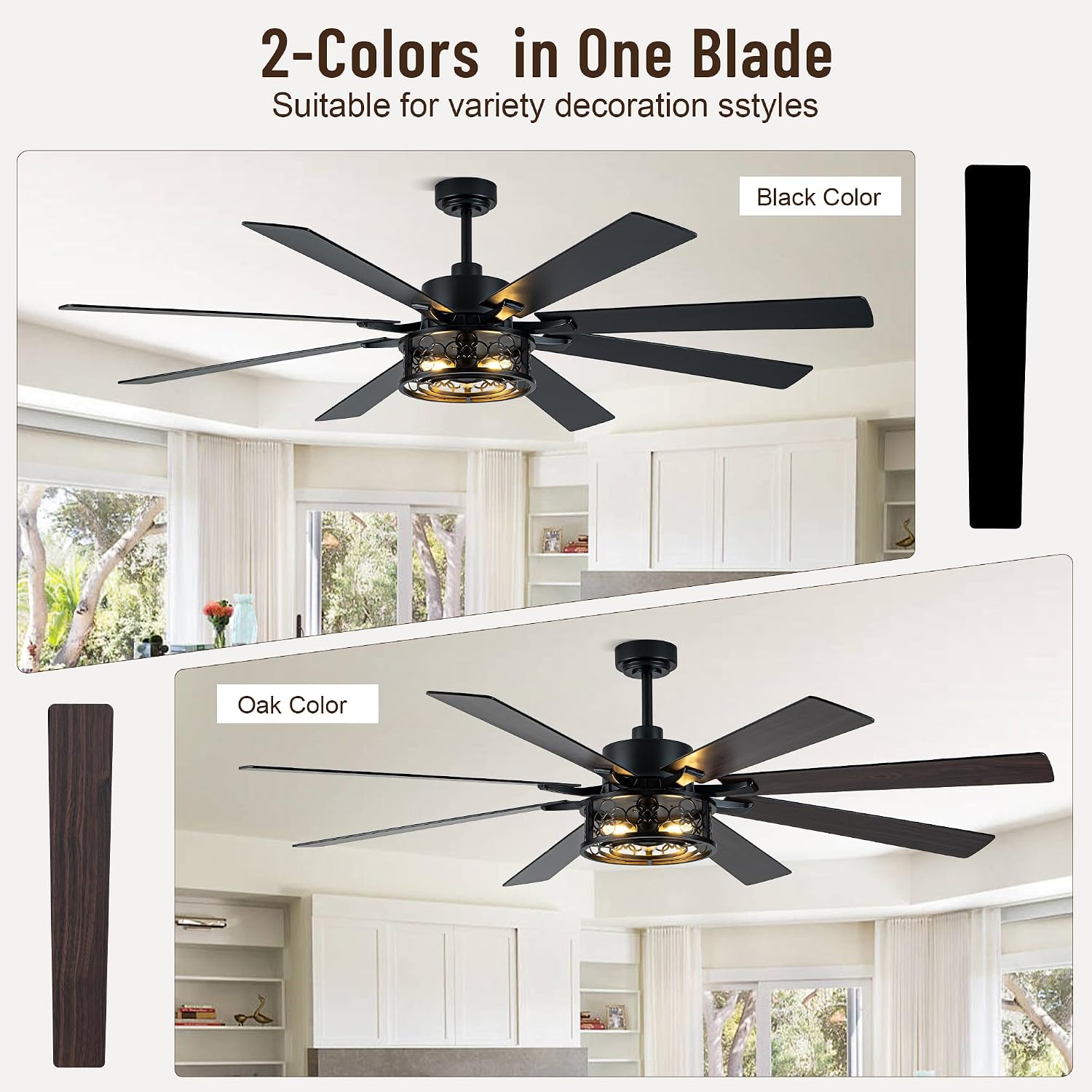 72 Inch Ceiling Fans with Lights, 6 Speed Reversible Quiet DC Motor 8 Dual Finish Wood Blades,Black Caged Rustic Large Industrial Ceiling Fans for Living Room Bedroom Patio,Indoor and Outdoor