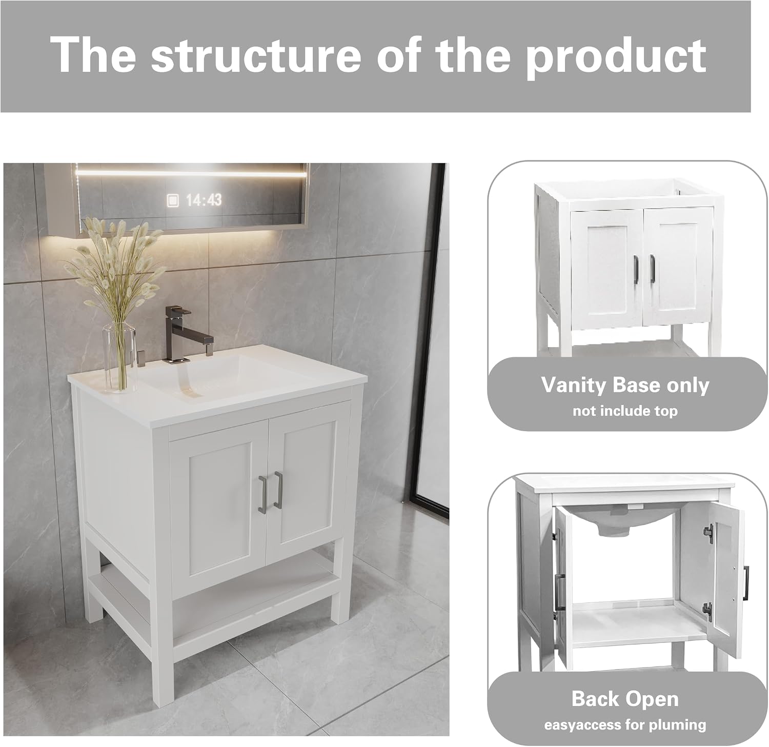 36' Bathroom Vanity Base – Freestanding Solid Wood Cabinet with Open Shelf, Soft-Close Doors, Sink Base Cabinet Only (White, No Top)