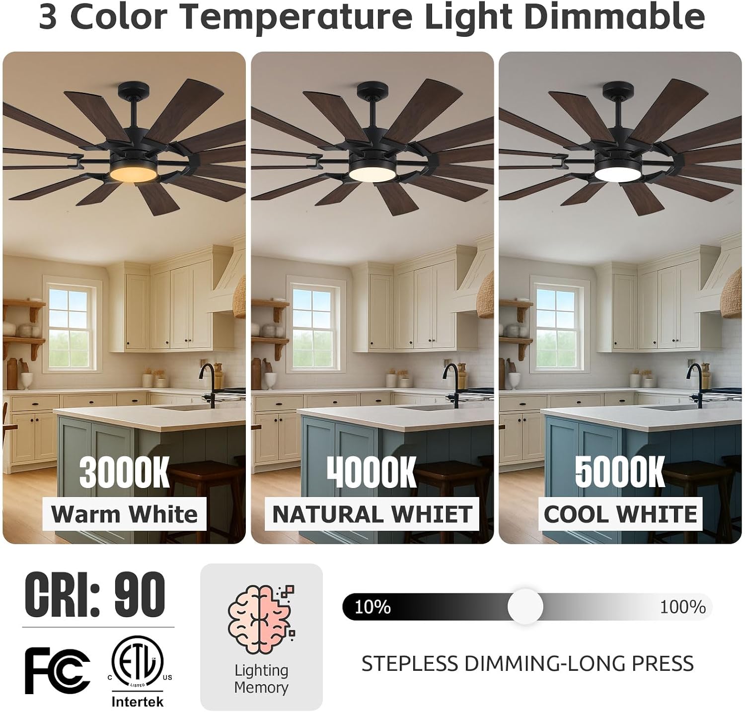 72 Inch Black Ceiling Fan with Light, 12 Dual-finish Blades Large Outdoor Ceiling Fan, Modern Industrial Cieling Fan with Reversible DC Motor, 3CCT, Dimmable LED for Garage, Patio, Indoor, Outdoor