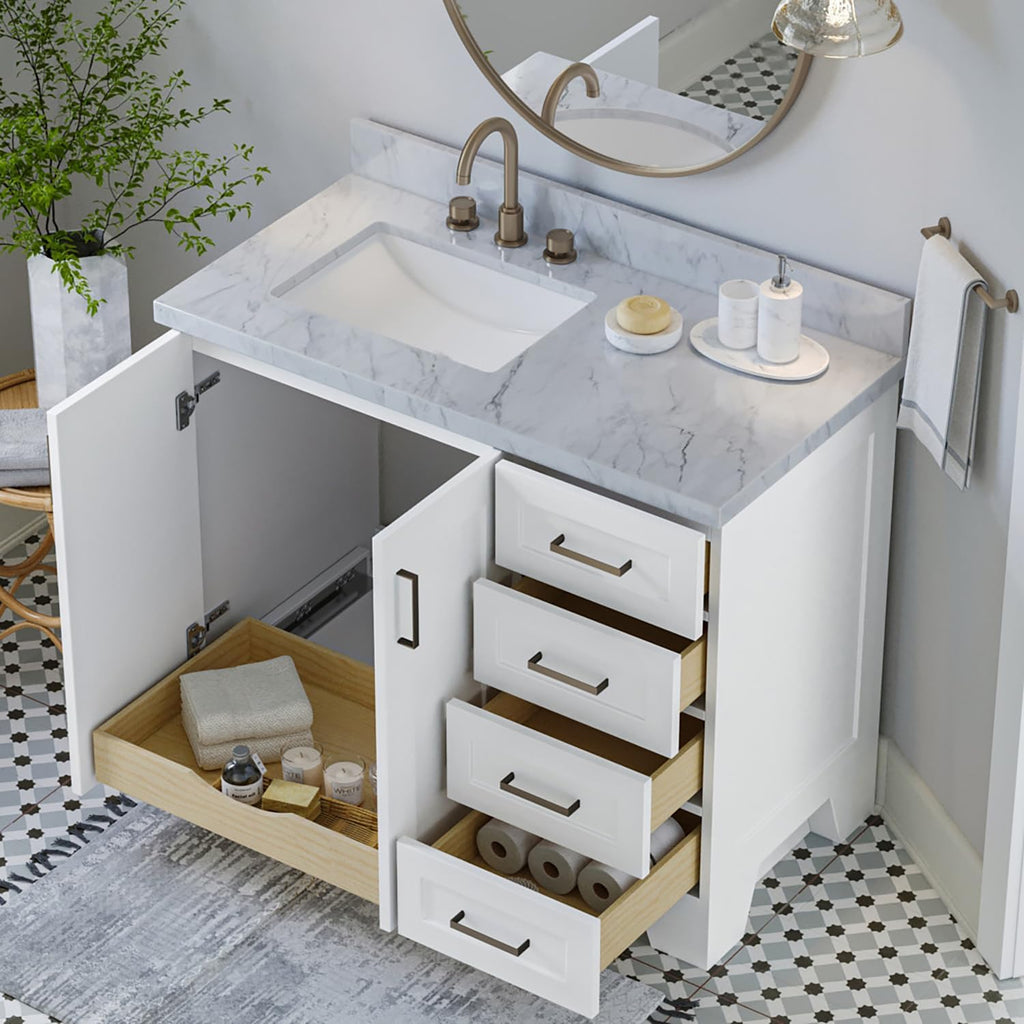 ARIEL Taylor 42-inch Bathroom Vanity with Sink,Solid Wood, 1.5-inch Italian Carrara Marble Countertop, Single Rectangular Porcelain Sink, 2 Soft Closing Doors, 5 Dovetail Drawers, White
