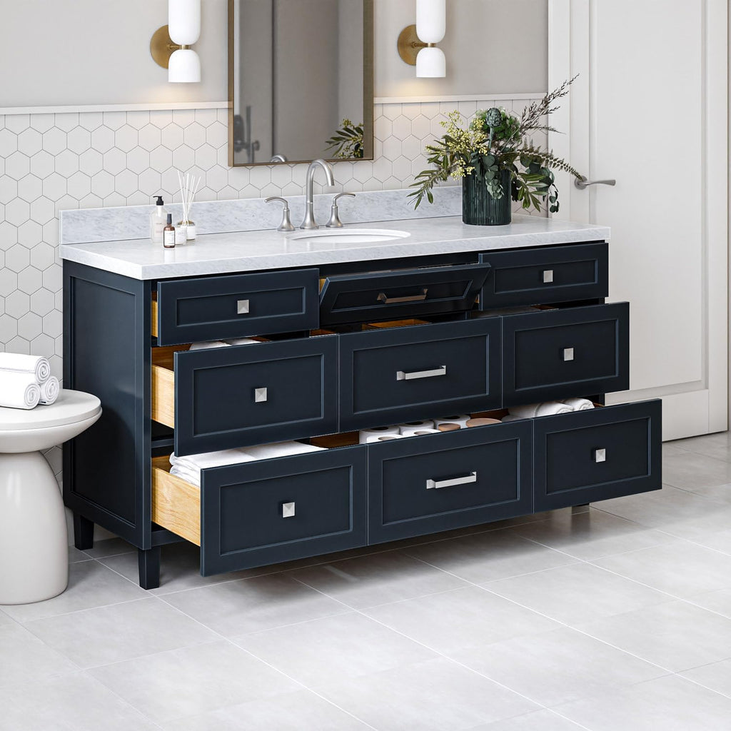 ARIEL Monroe 66-inch Bathroom Vanity with Sink,Solid Wood, 1.5-inch Italian Carrara Marble Countertop & Backsplash, Single Oval Porcelain Sink, 9 Dovetail Drawers, Midnight Blue