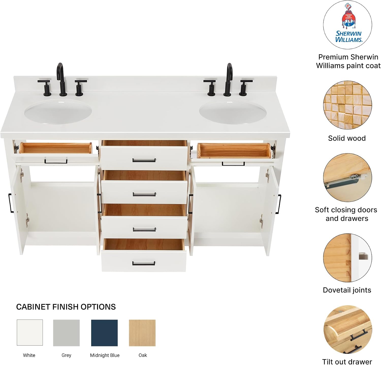 DKB Isabella 66-Inch White Double Bathroom Vanity, 1.5-Inch Pure White Quartz Countertop & Backsplash, Oval Sinks, 4 Soft Closing Doors, 6 Dovetail Drawers, Matte Black Hardware