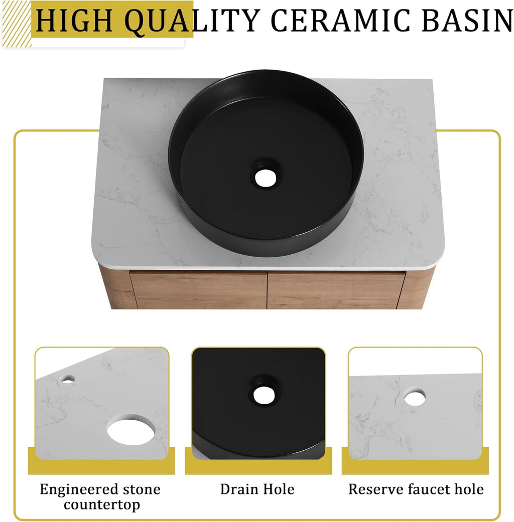 42 Inch Wall-Mounted Bathroom Vanity with Sink Combo Modern Floating Bathroom Vanitites with Round Ceramic Vessel Sink 42' Bathroom Sink Cabinet with Marble Counter Top & 1 Side Storage Shelf